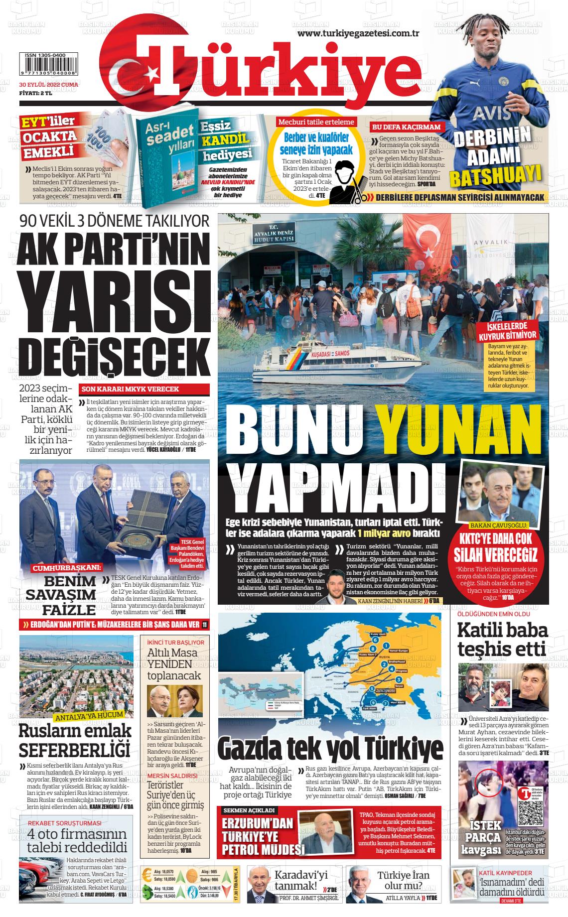 30 Eylül 2022 Türkiye Gazete Manşeti