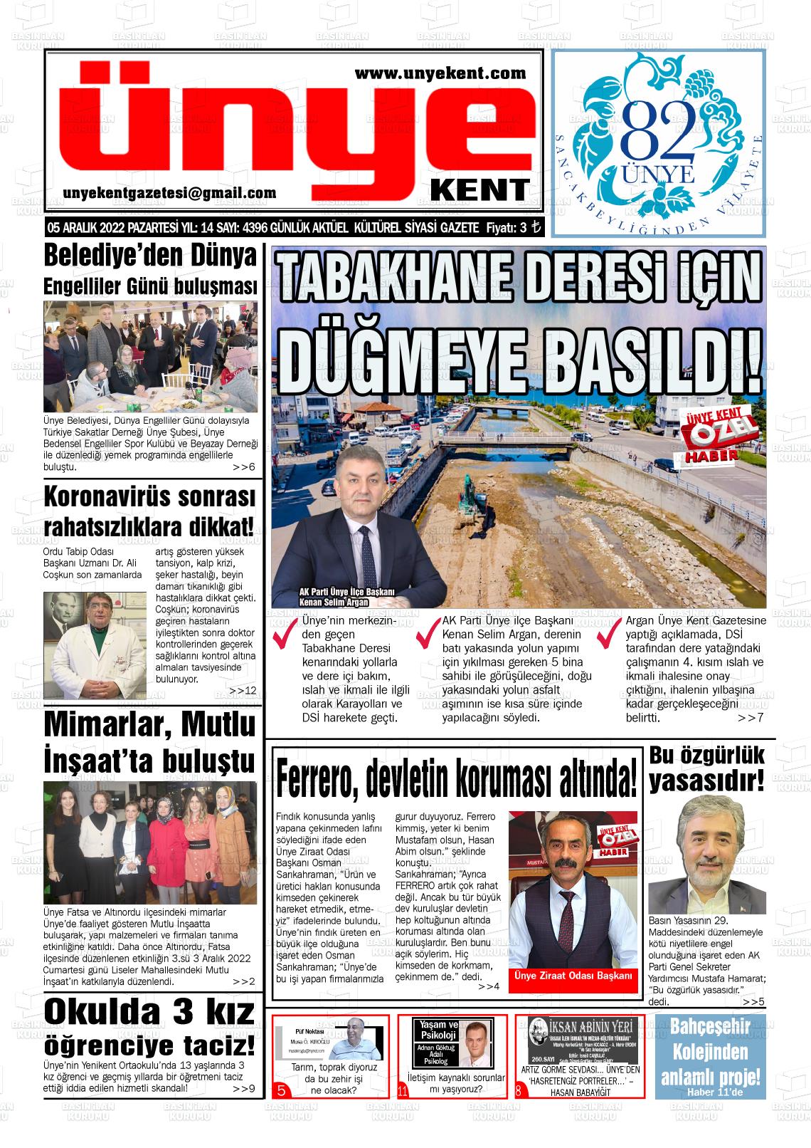 05 Aralık 2022 Ünye Kent Gazete Manşeti