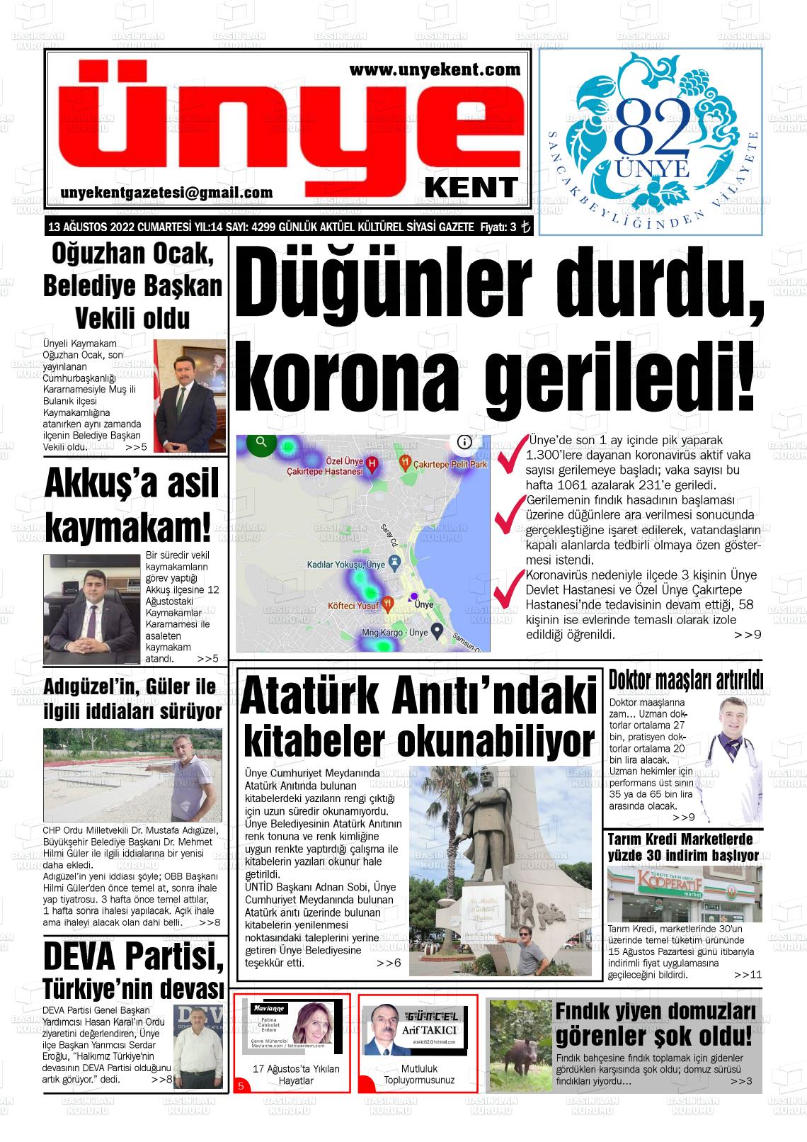 13 Ağustos 2022 Ünye Kent Gazete Manşeti