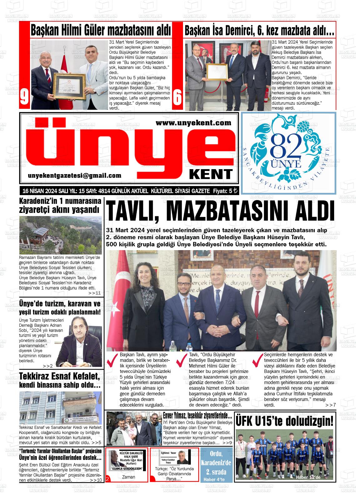 18 Nisan 2024 Ünye Kent Gazete Manşeti