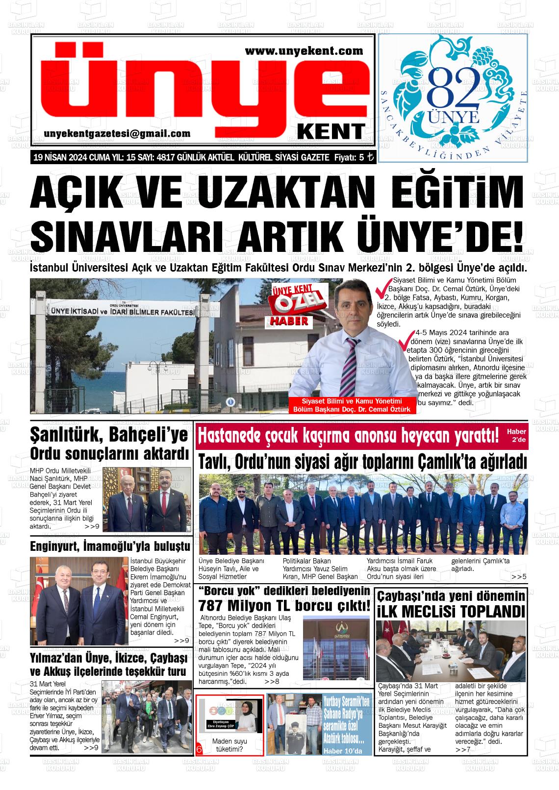 19 Nisan 2024 Ünye Kent Gazete Manşeti