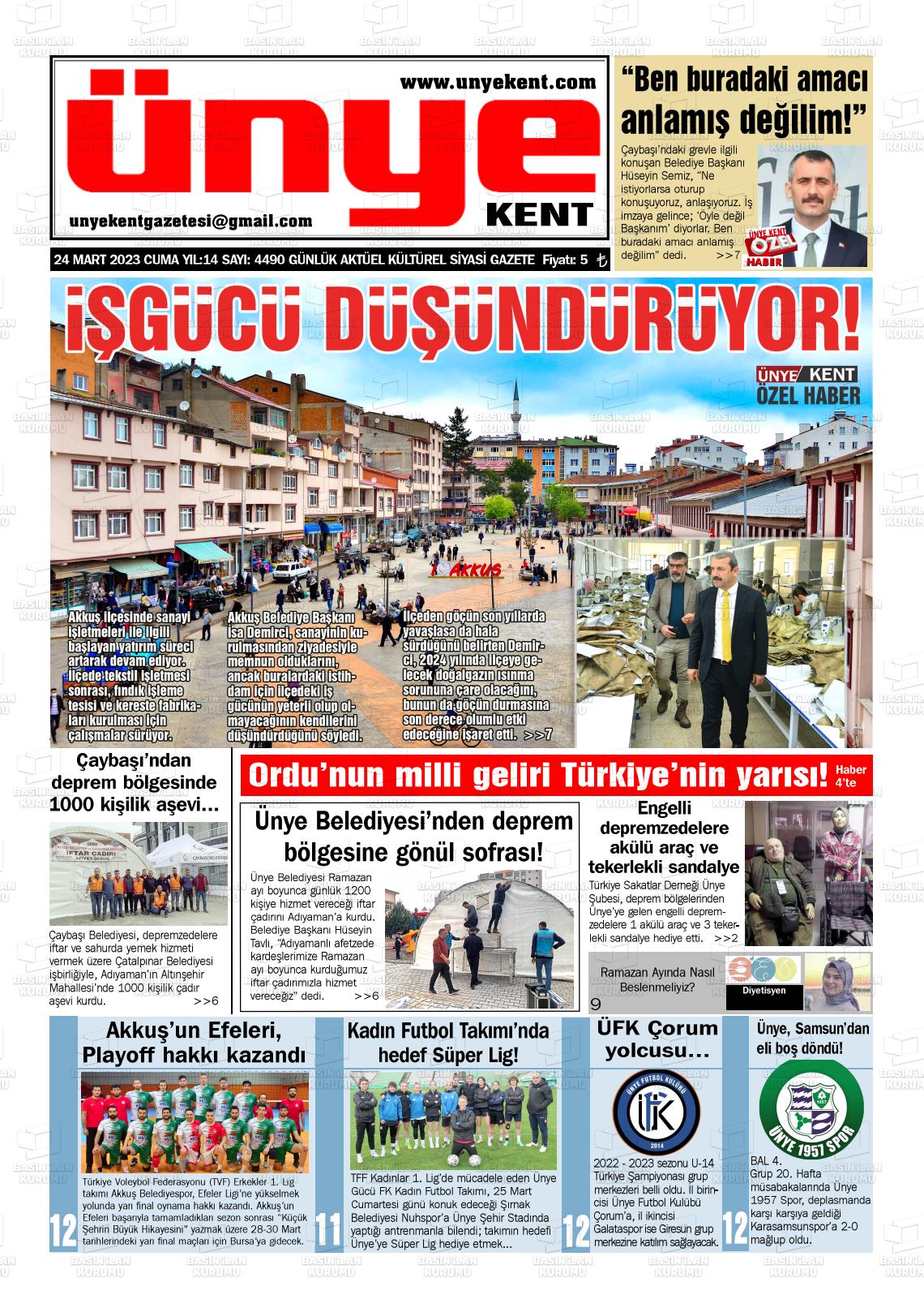 24 Mart 2023 Ünye Kent Gazete Manşeti