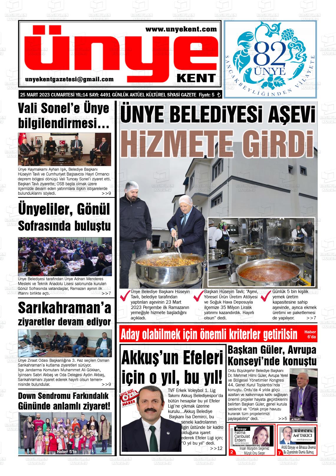 25 Mart 2023 Ünye Kent Gazete Manşeti
