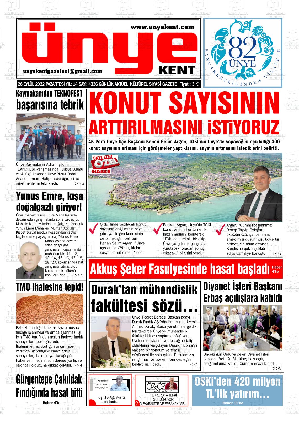 26 Eylül 2022 Ünye Kent Gazete Manşeti