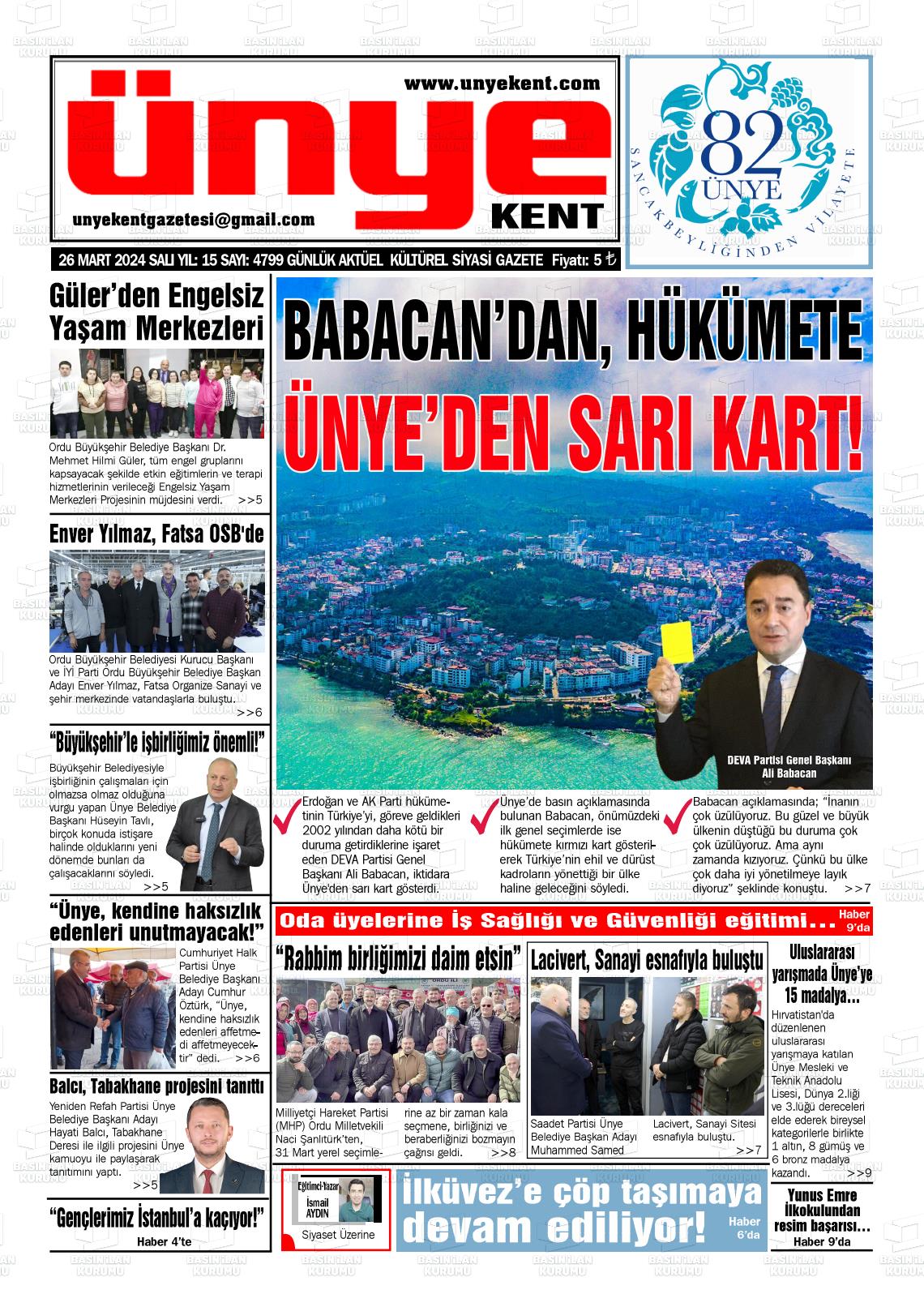 26 Mart 2024 Ünye Kent Gazete Manşeti