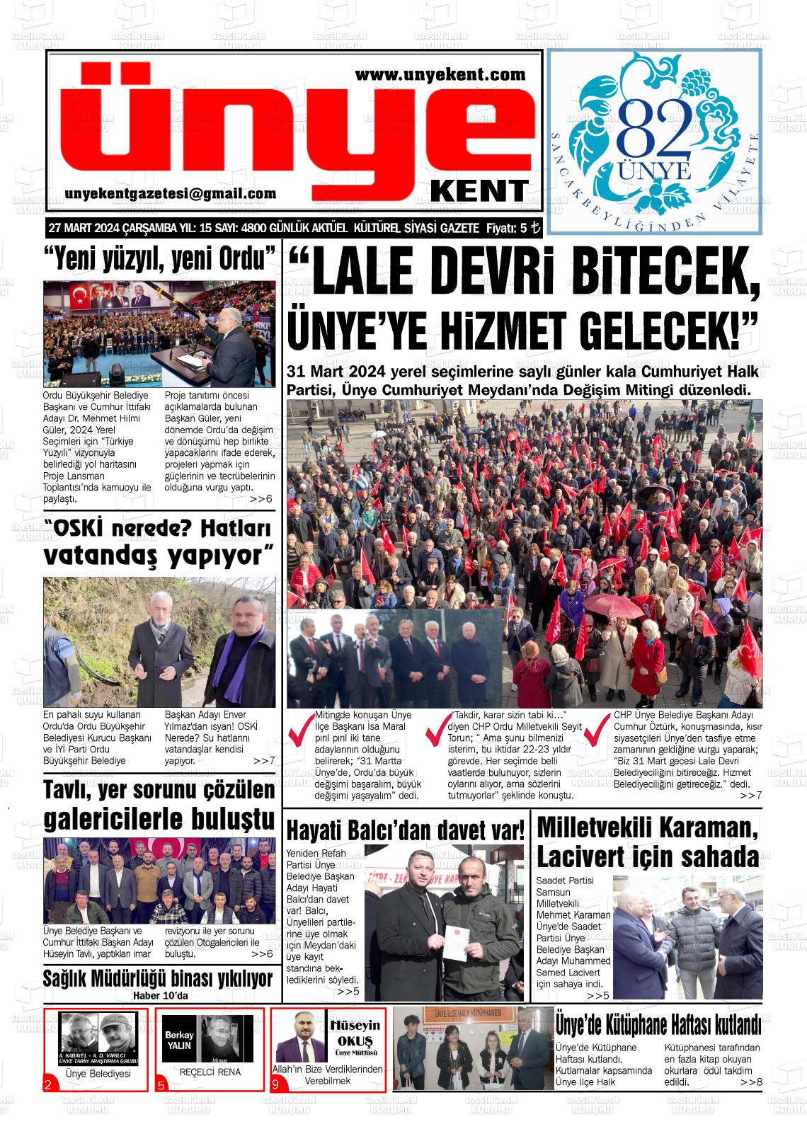 27 Mart 2024 Ünye Kent Gazete Manşeti