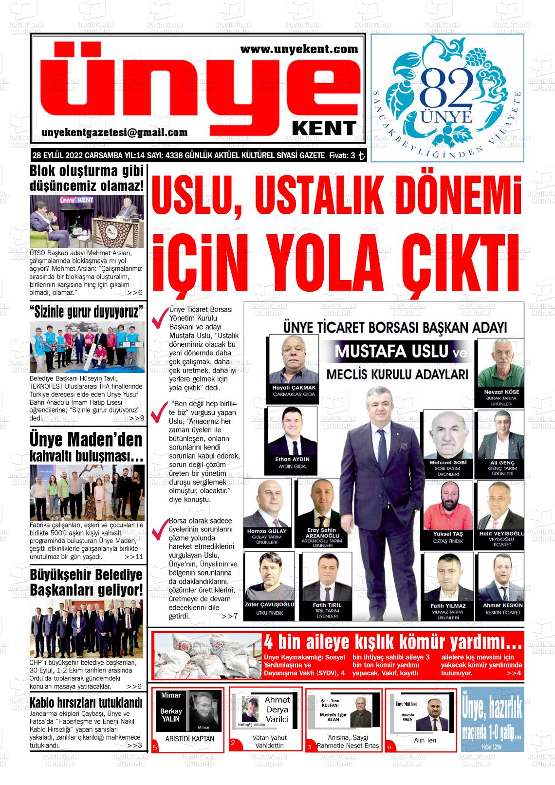 28 Eylül 2022 Ünye Kent Gazete Manşeti
