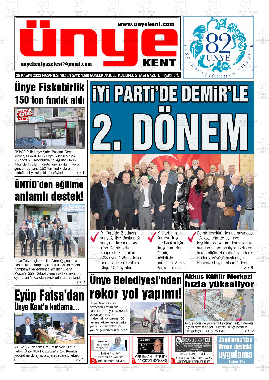 28 Kasım 2022 Ünye Kent Gazete Manşeti