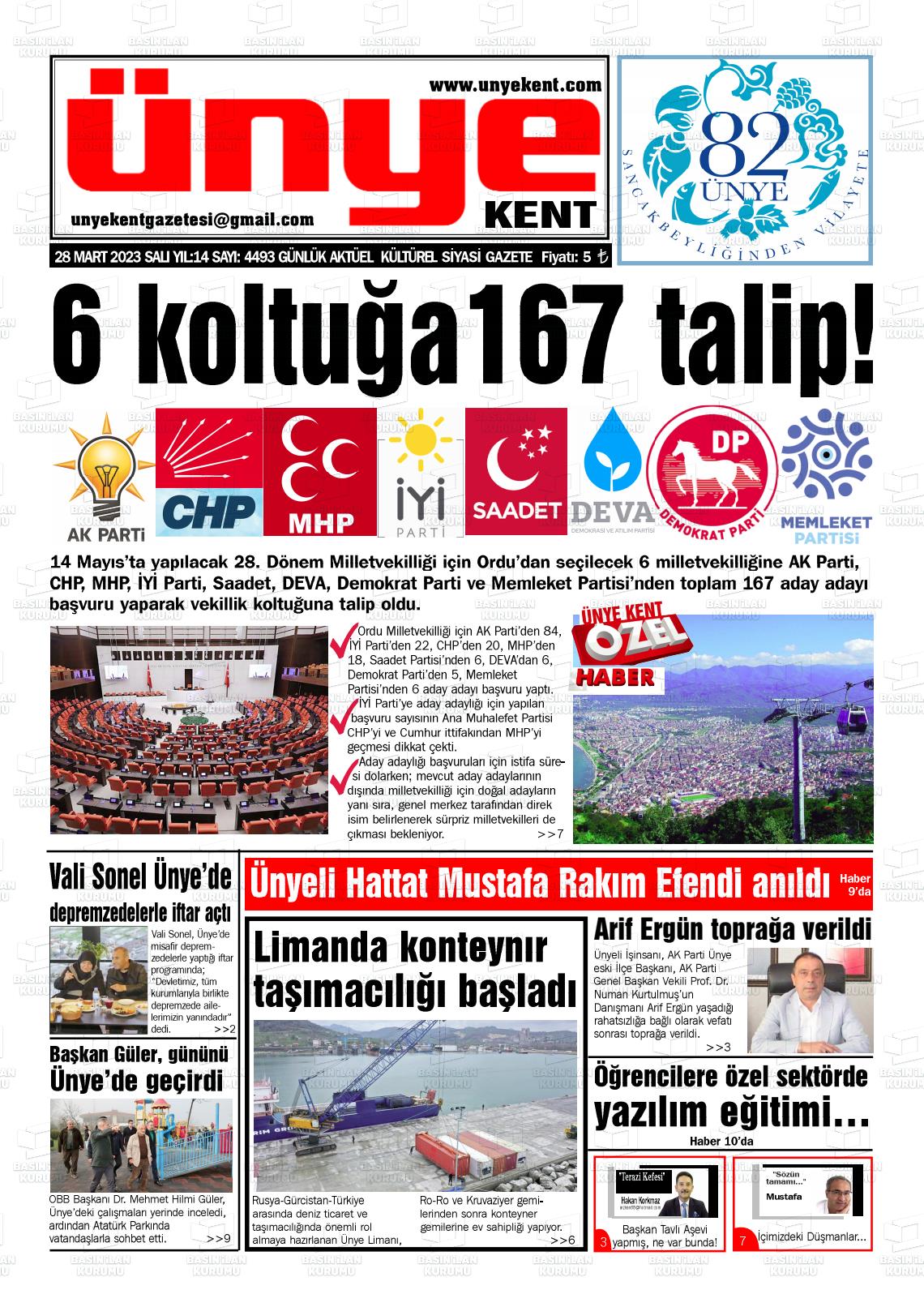 28 Mart 2023 Ünye Kent Gazete Manşeti