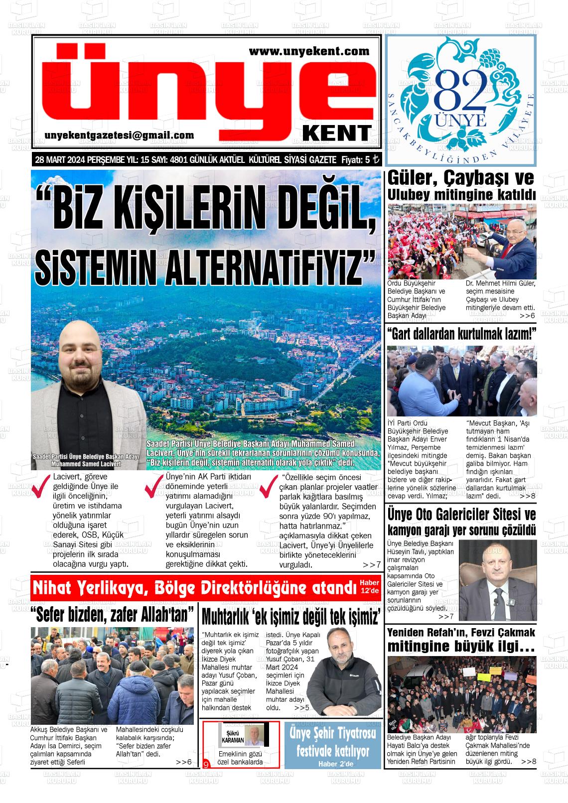 28 Mart 2024 Ünye Kent Gazete Manşeti