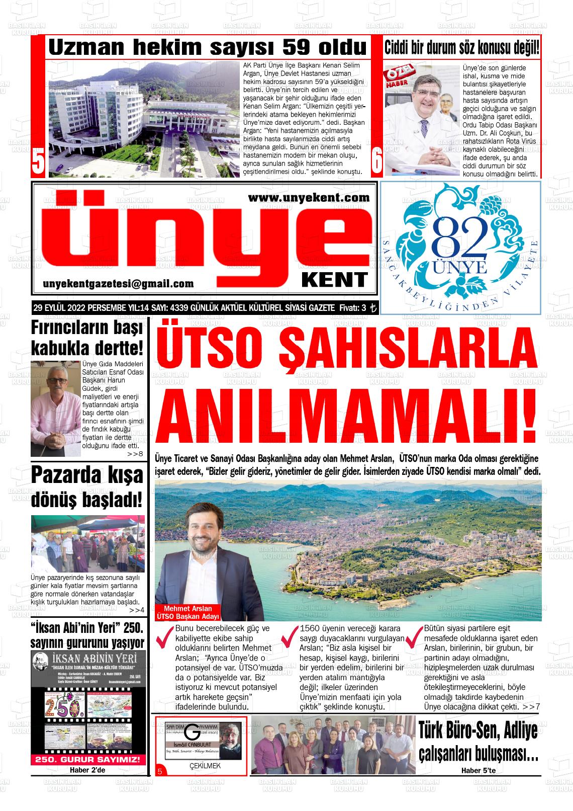 29 Eylül 2022 Ünye Kent Gazete Manşeti