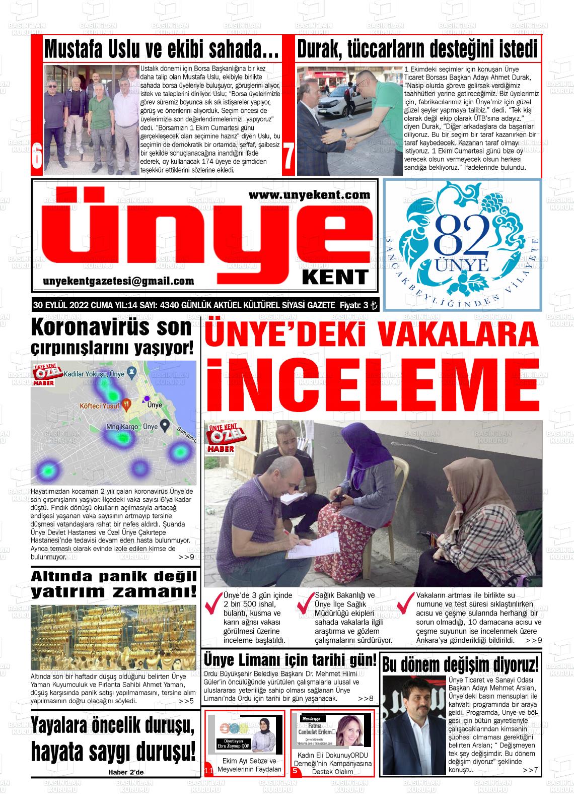 30 Eylül 2022 Ünye Kent Gazete Manşeti