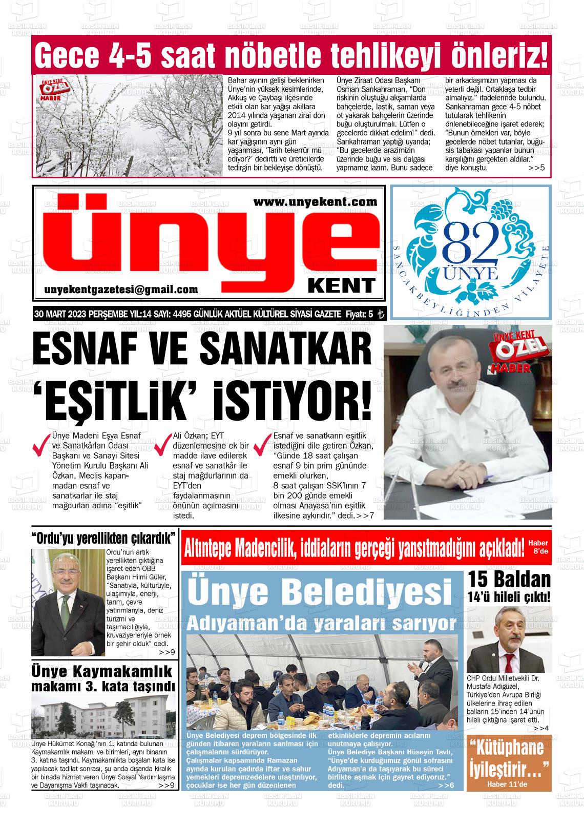30 Mart 2023 Ünye Kent Gazete Manşeti