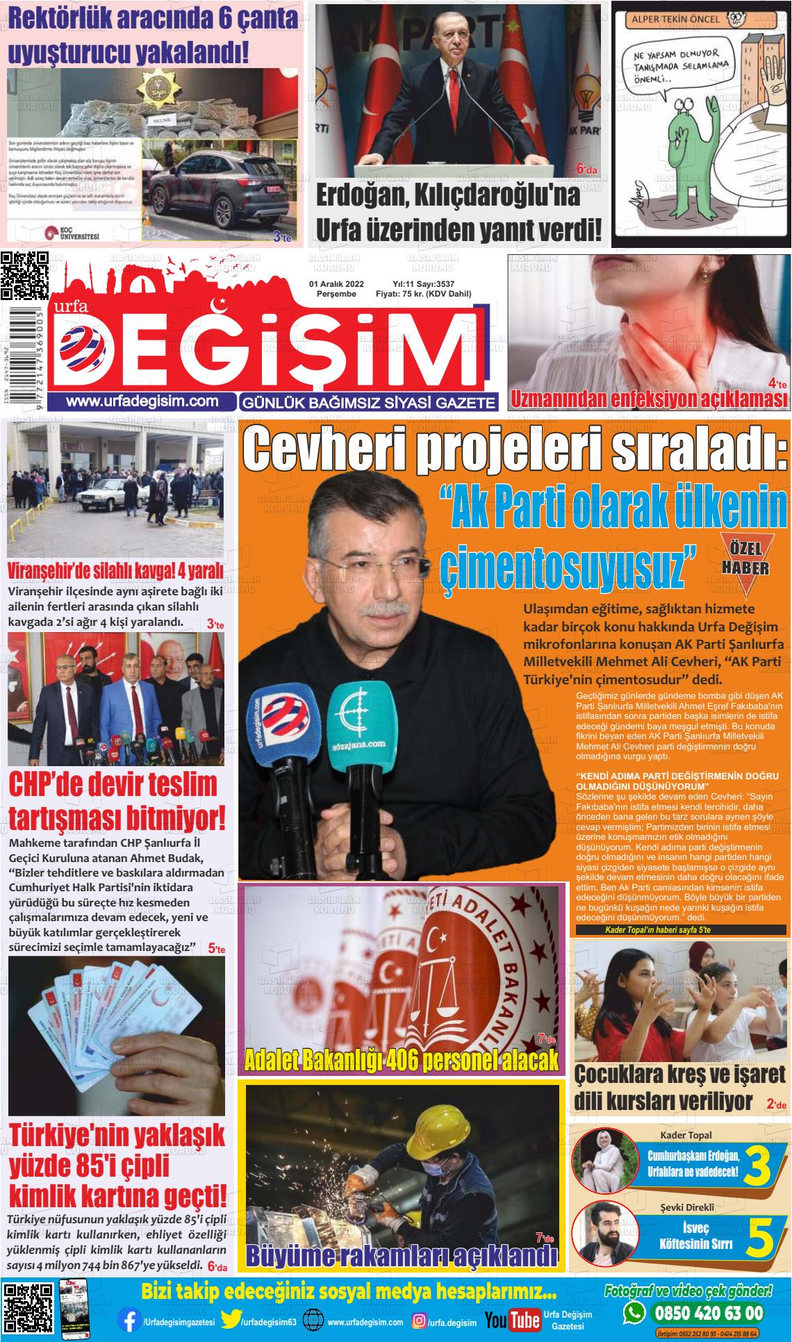 01 Aralık 2022 Urfa Değişim Gazete Manşeti
