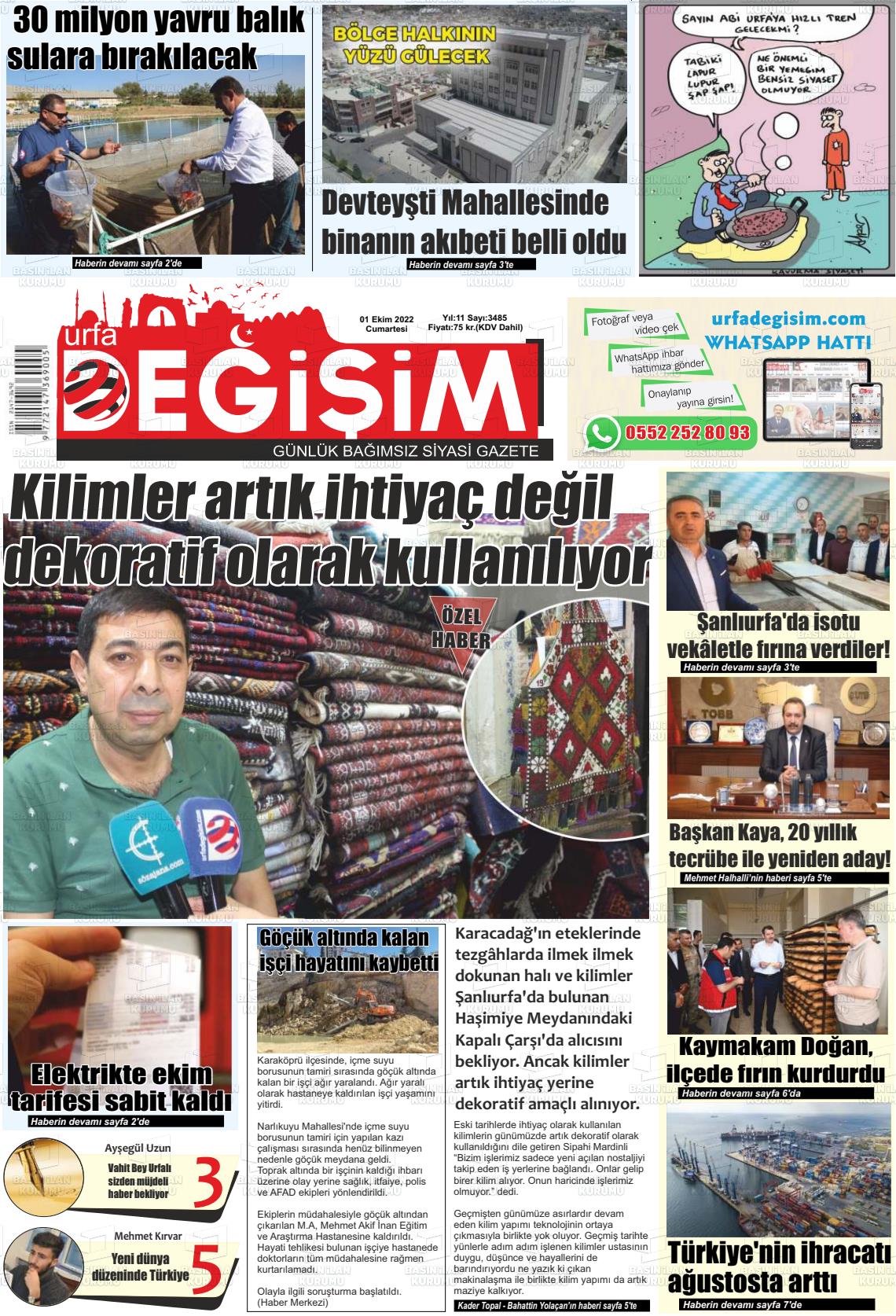 01 Ekim 2022 Urfa Değişim Gazete Manşeti
