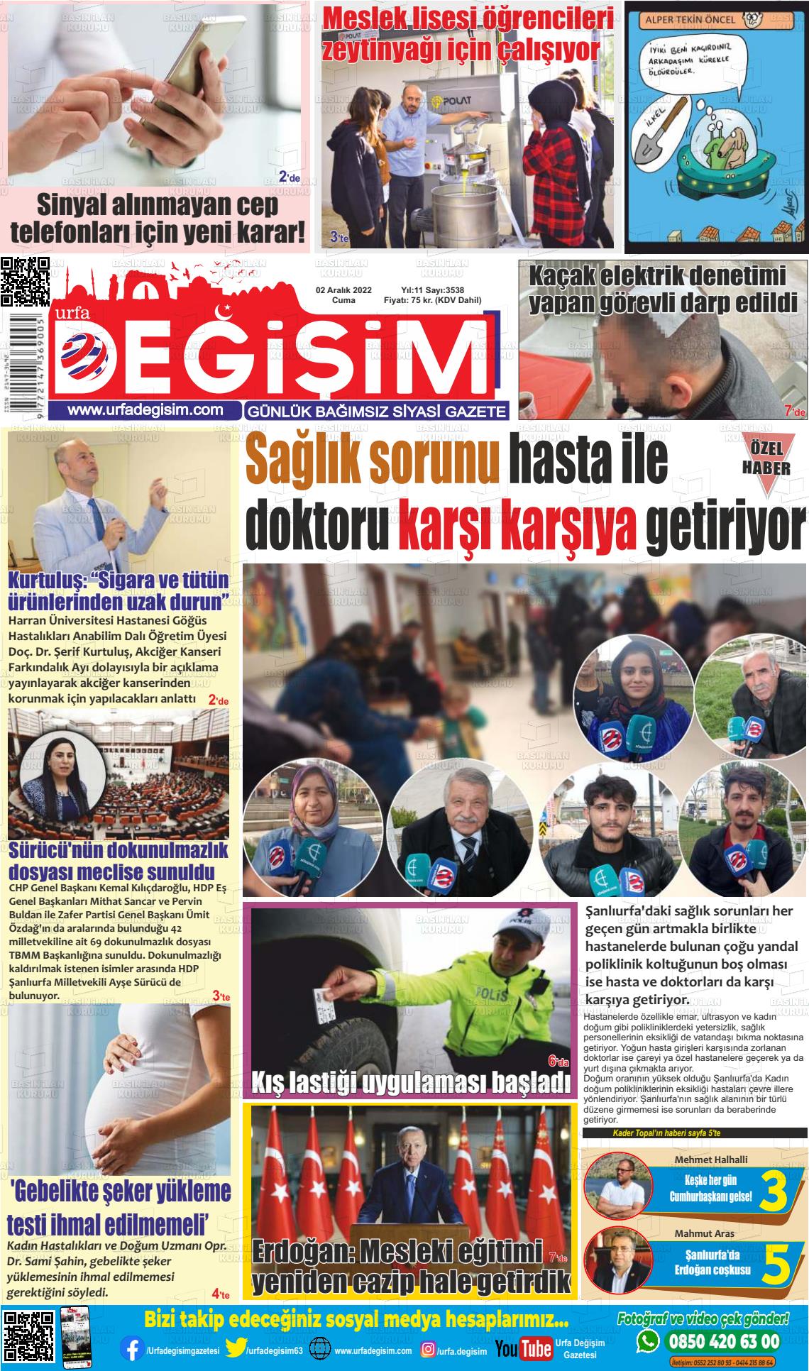 02 Aralık 2022 Urfa Değişim Gazete Manşeti