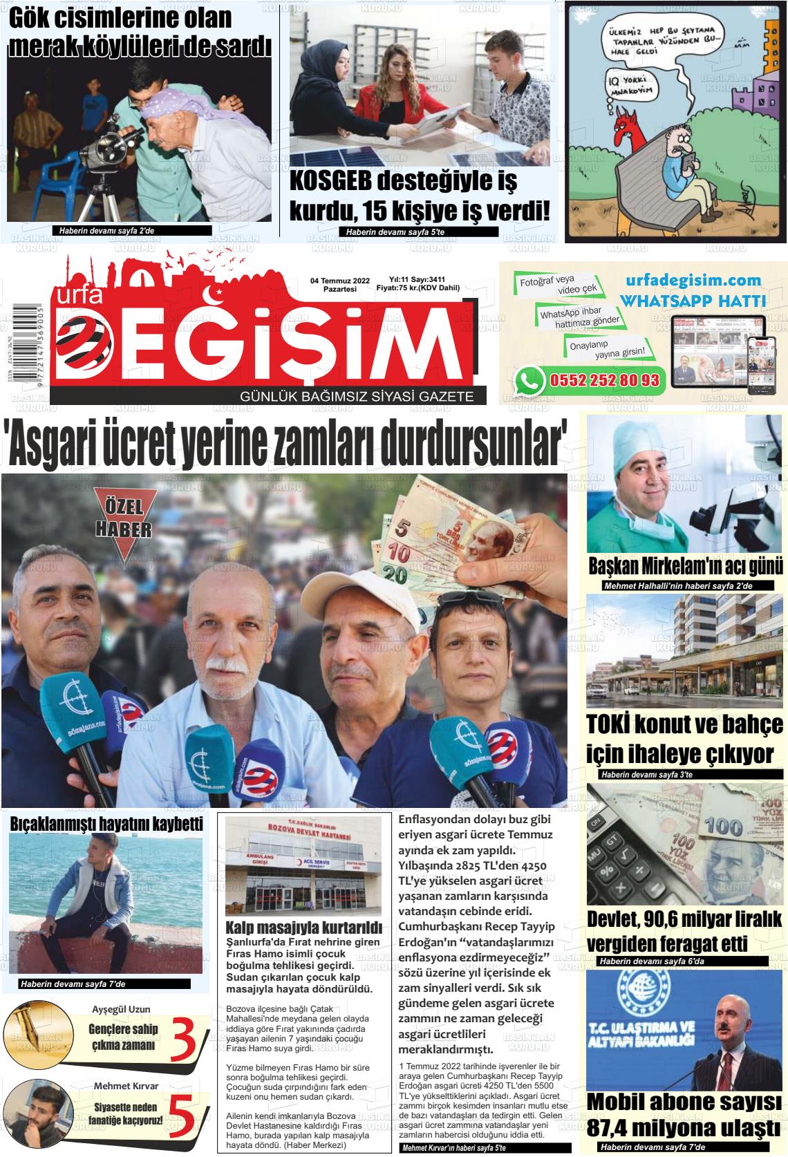04 Temmuz 2022 Urfa Değişim Gazete Manşeti