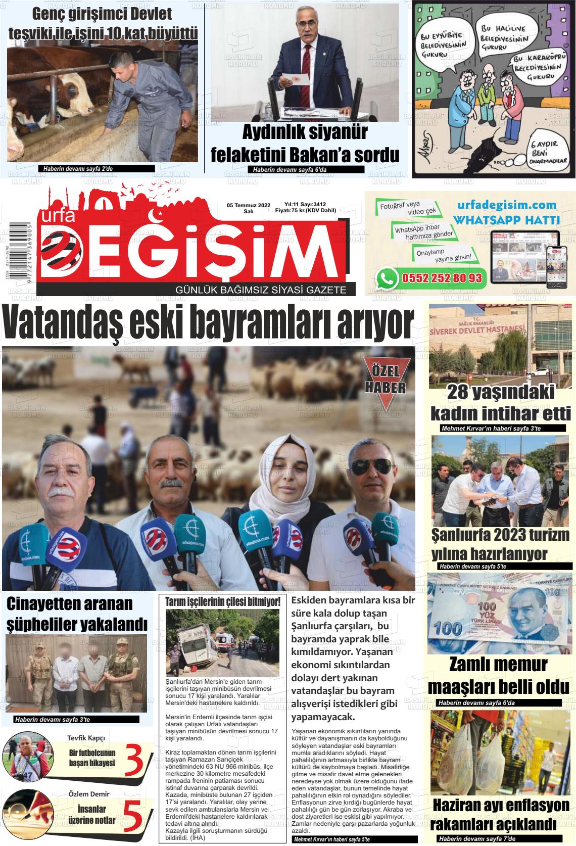 05 Temmuz 2022 Urfa Değişim Gazete Manşeti