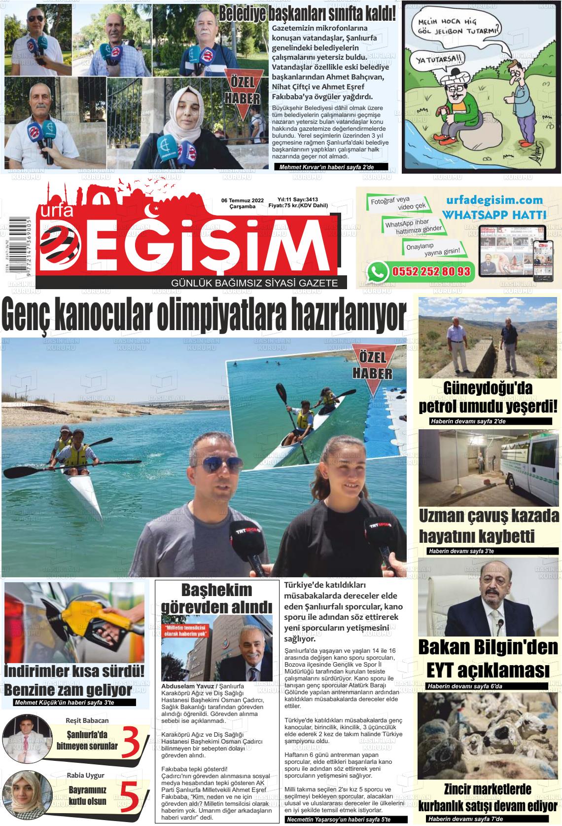 06 Temmuz 2022 Urfa Değişim Gazete Manşeti