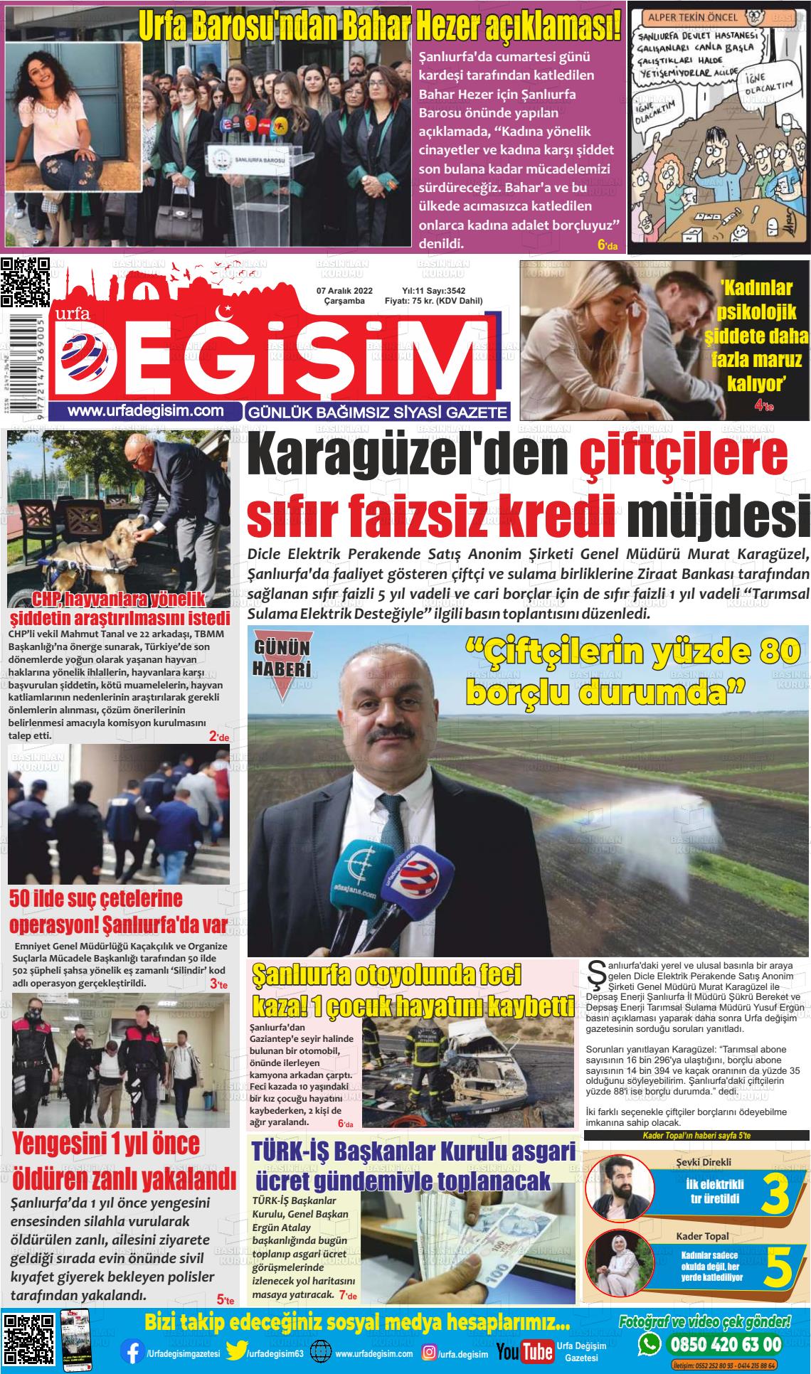 07 Aralık 2022 Urfa Değişim Gazete Manşeti