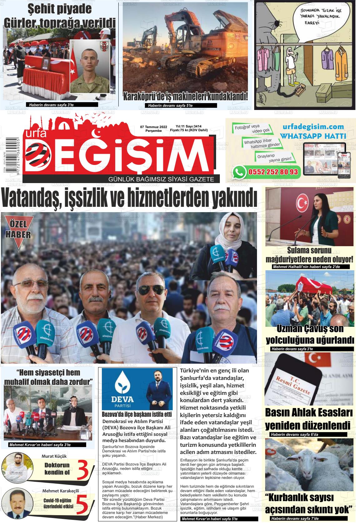 07 Temmuz 2022 Urfa Değişim Gazete Manşeti