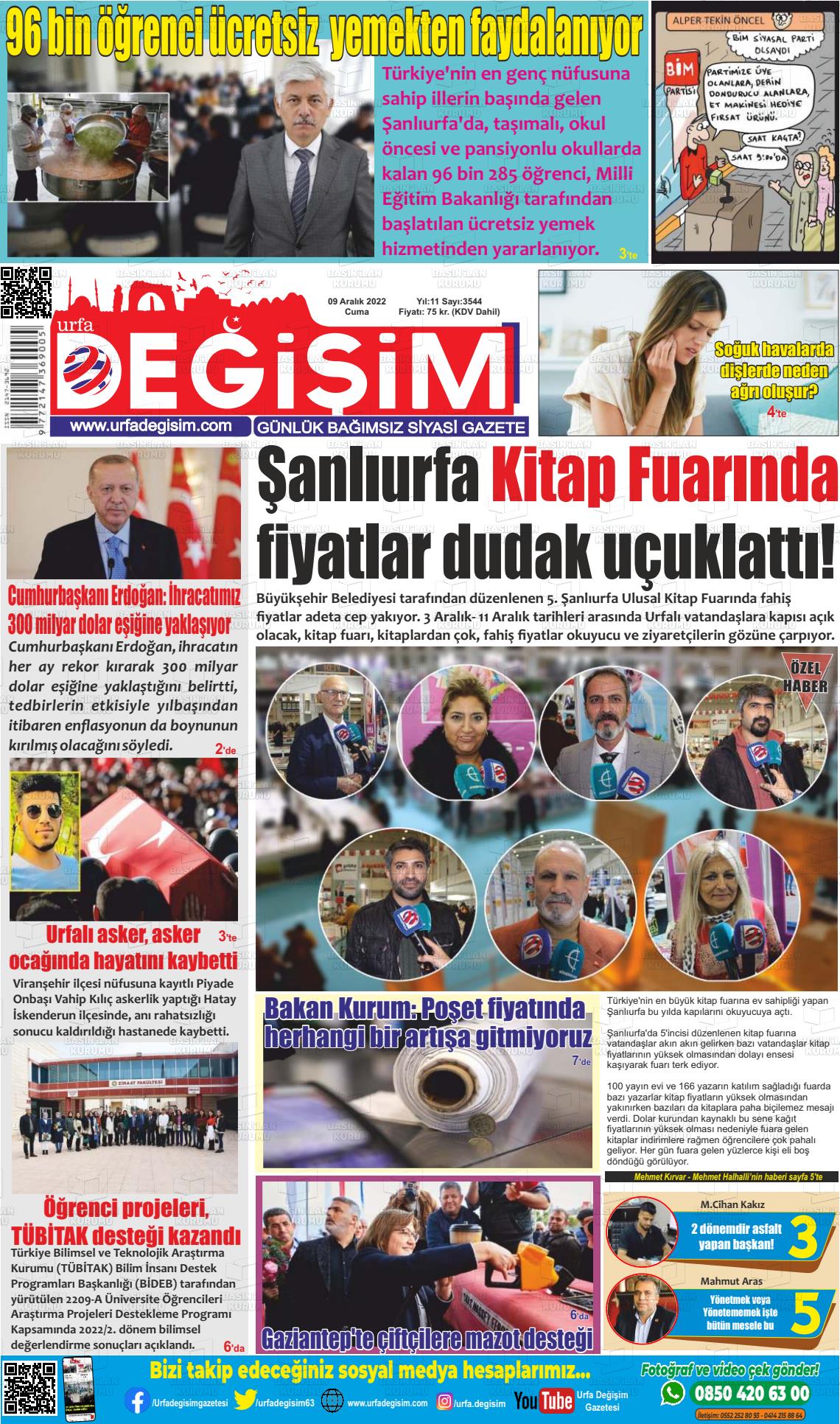 09 Aralık 2022 Urfa Değişim Gazete Manşeti