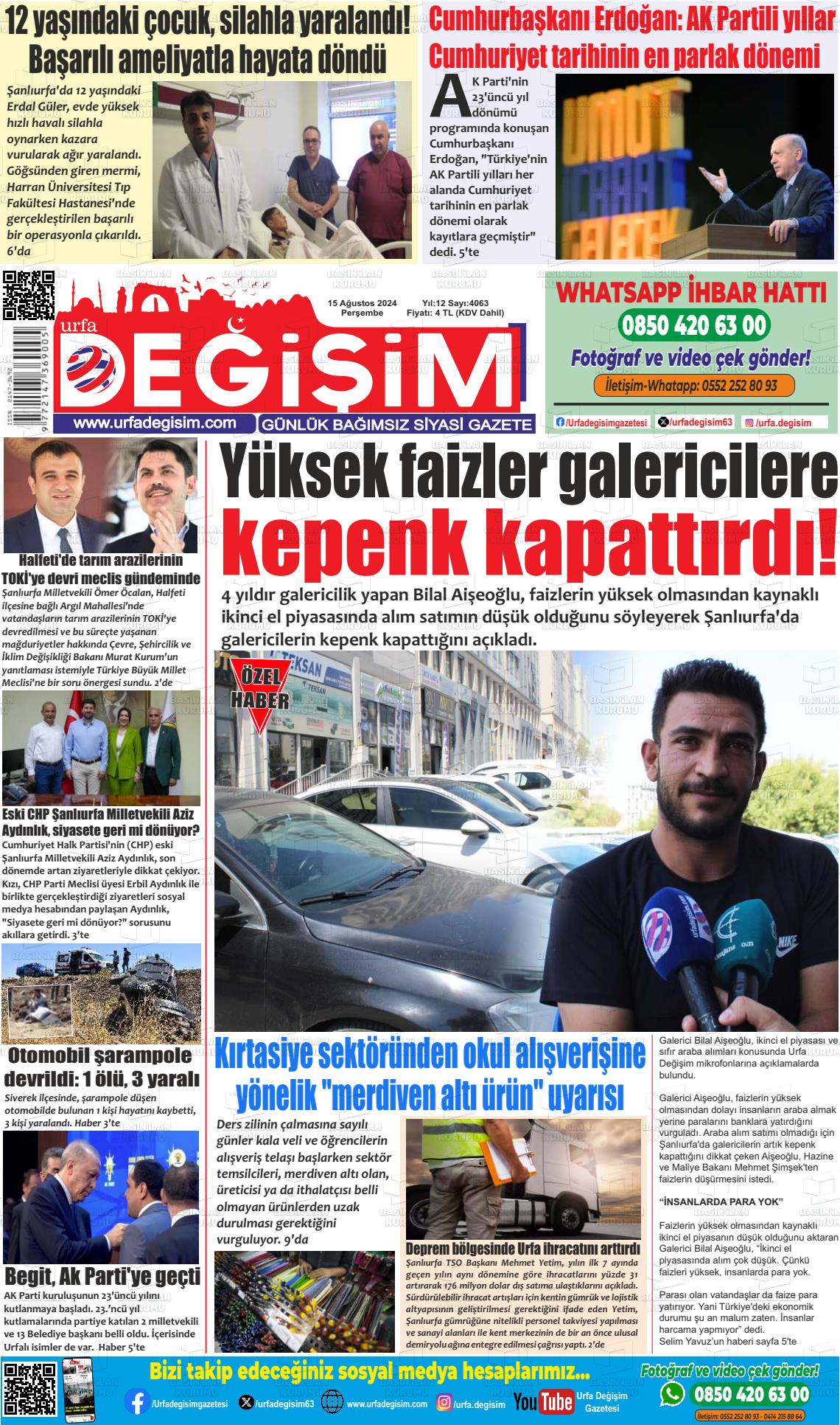 15 Ağustos 2024 Urfa Değişim Gazete Manşeti