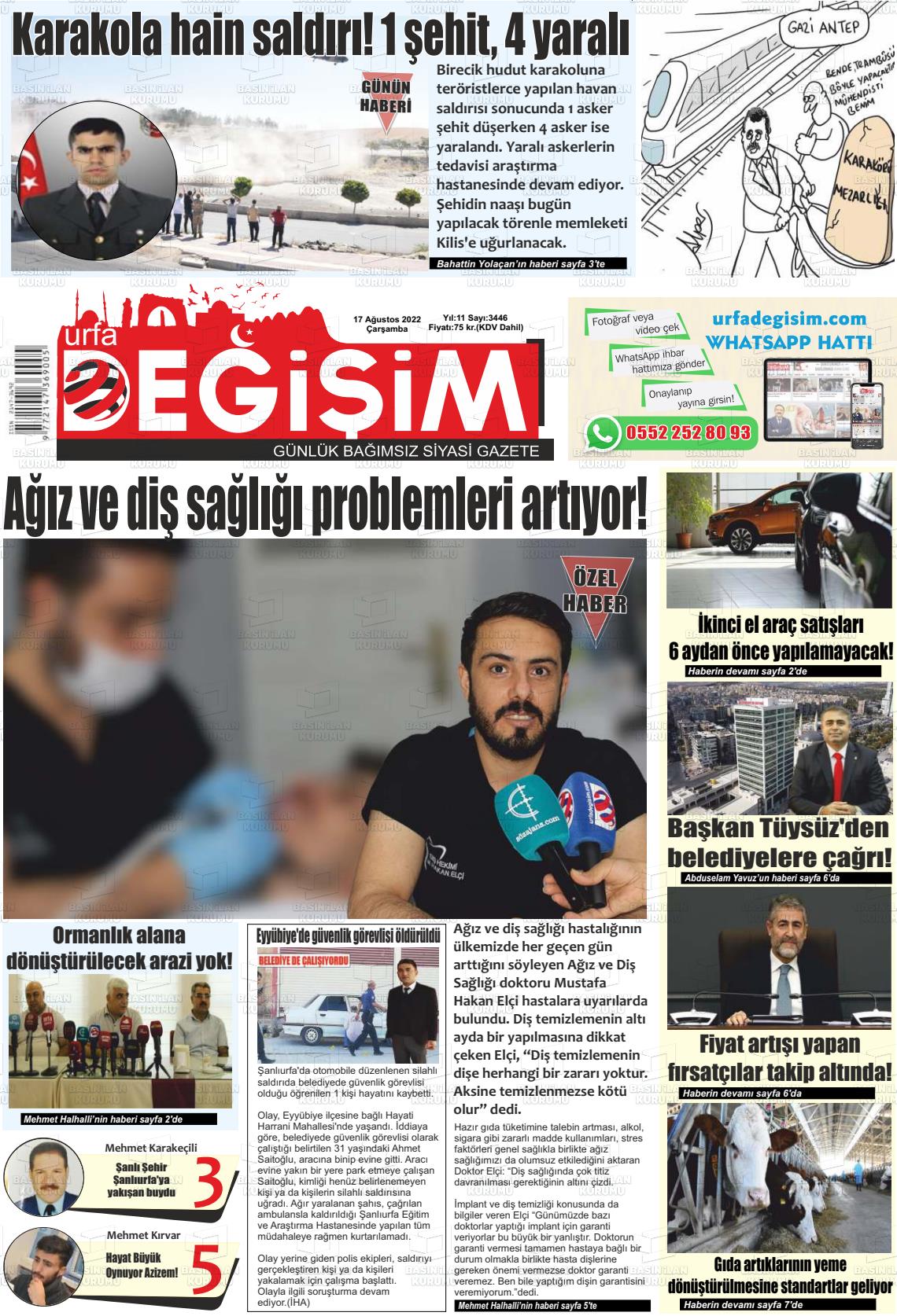 17 Ağustos 2022 Urfa Değişim Gazete Manşeti
