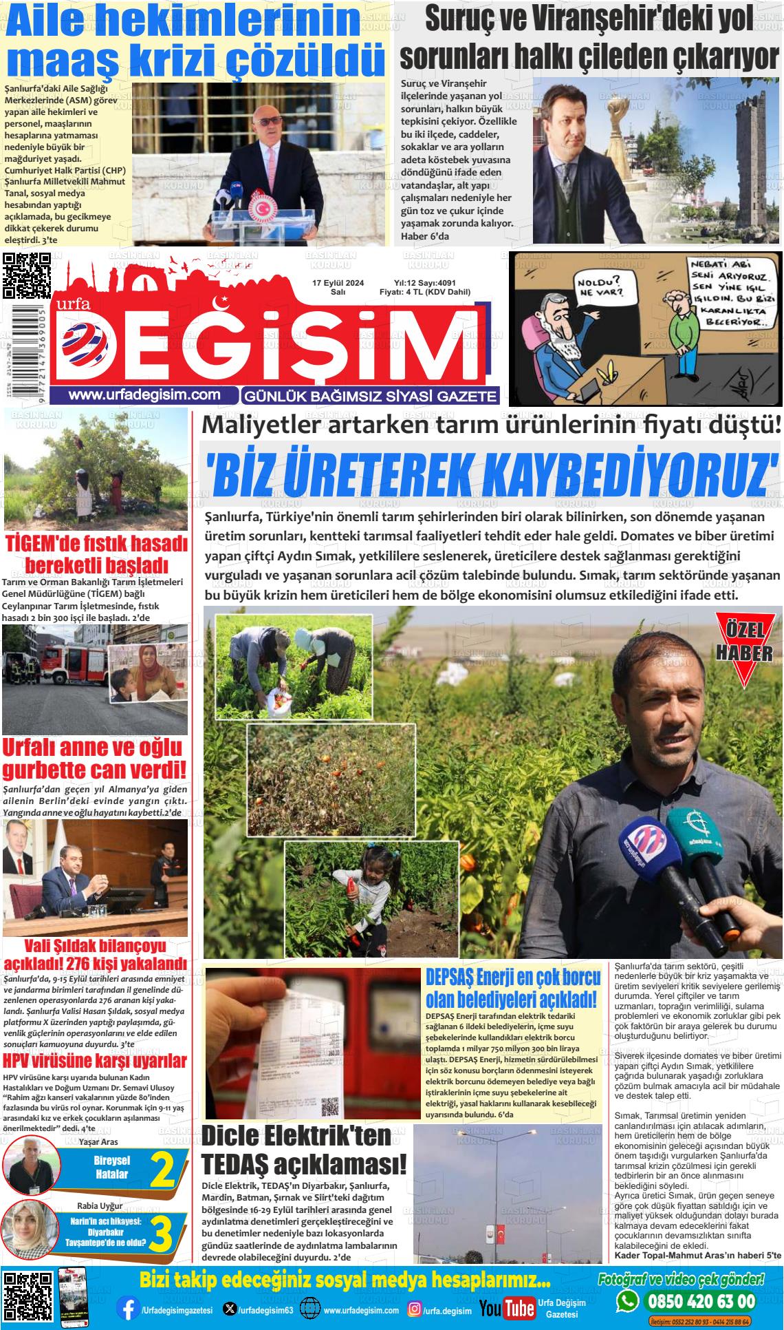 17 Eylül 2024 Urfa Değişim Gazete Manşeti