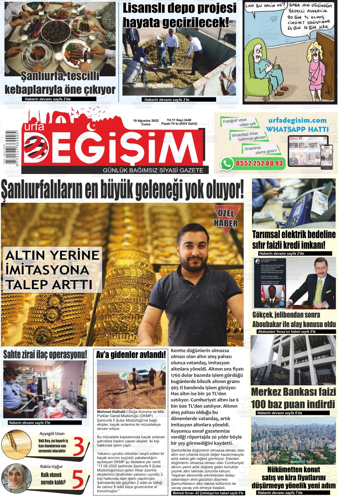 19 Ağustos 2022 Urfa Değişim Gazete Manşeti