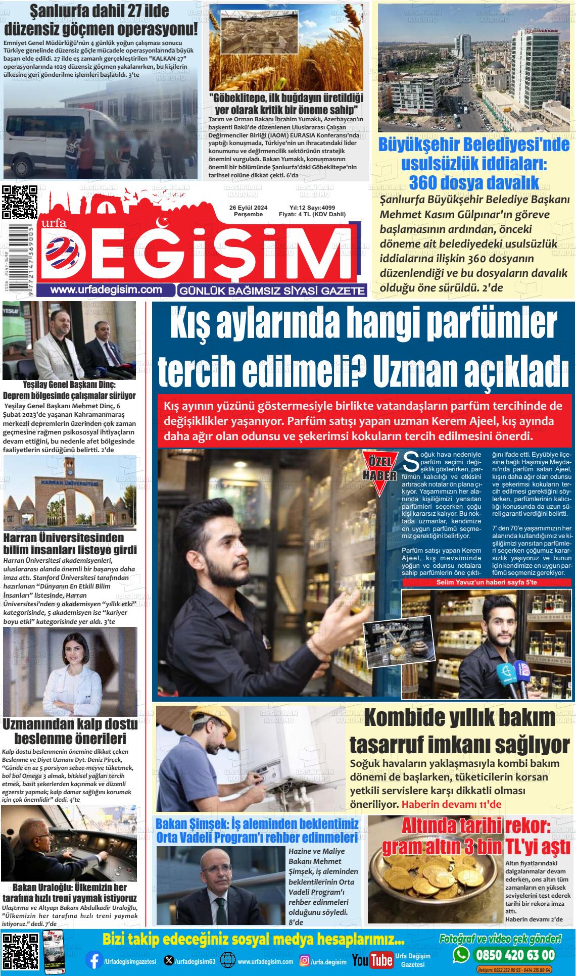 26 Eylül 2024 Urfa Değişim Gazete Manşeti