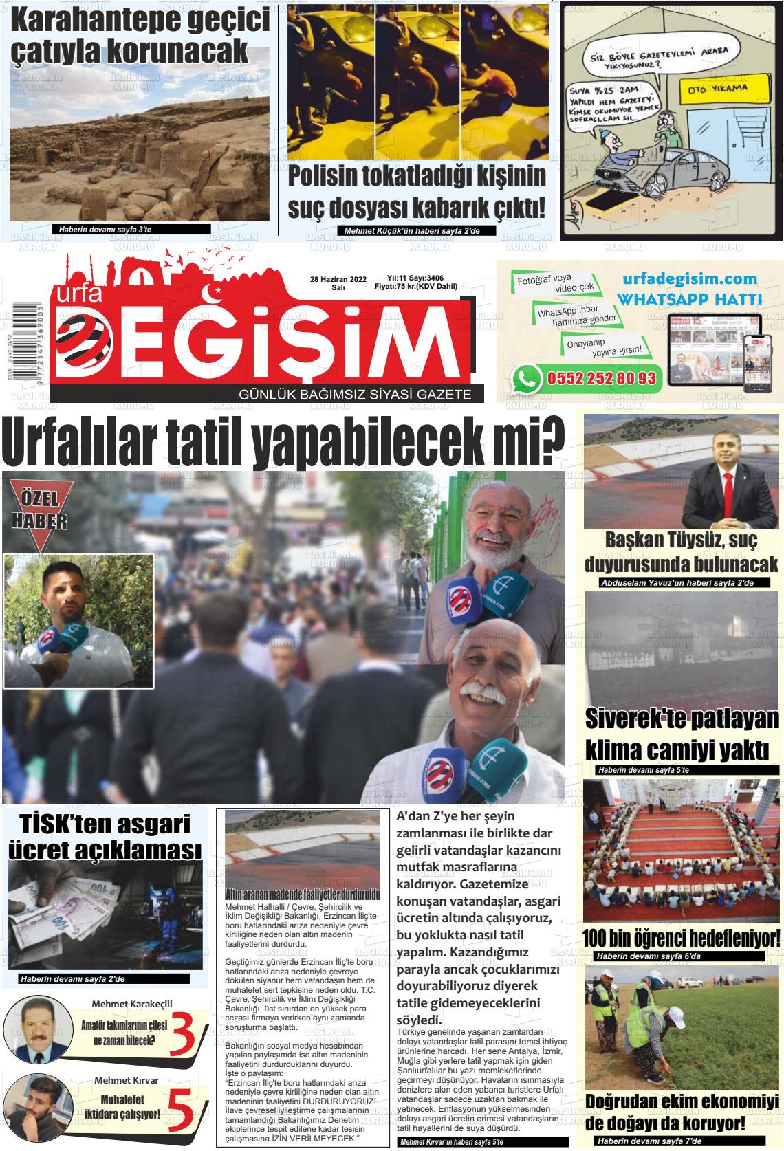 28 Haziran 2022 Urfa Değişim Gazete Manşeti