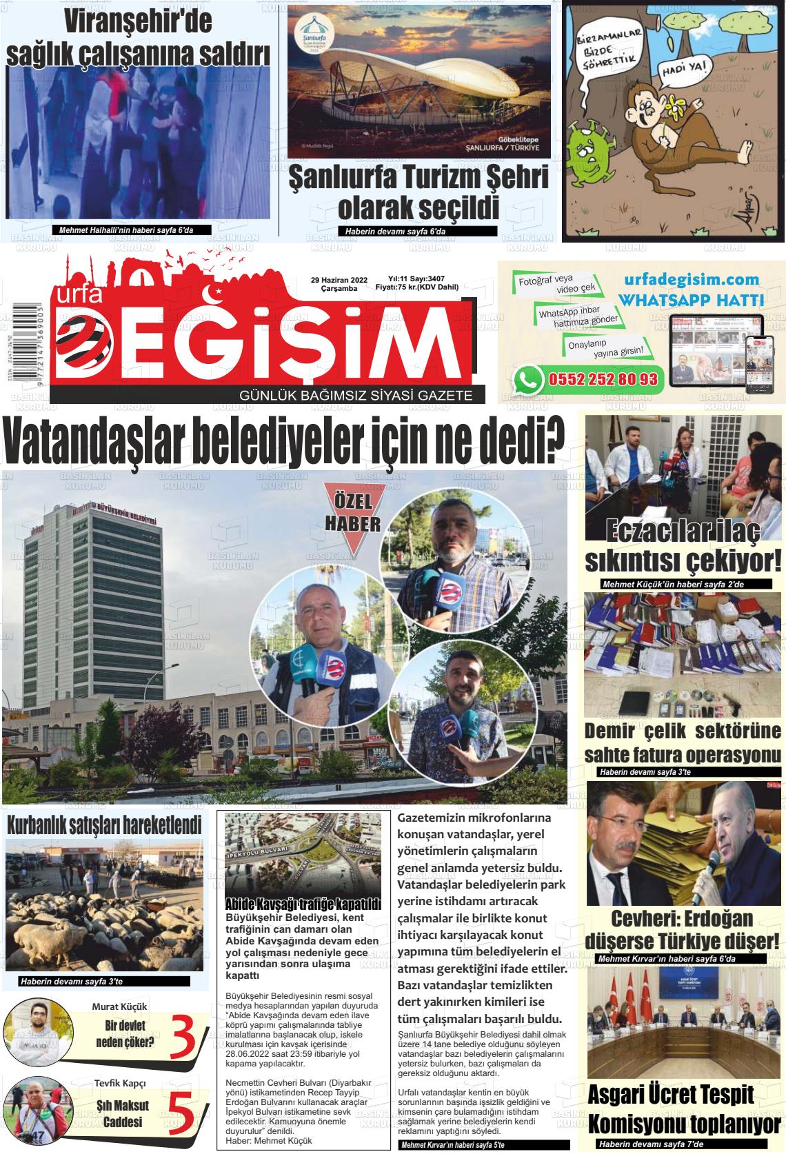 29 Haziran 2022 Urfa Değişim Gazete Manşeti