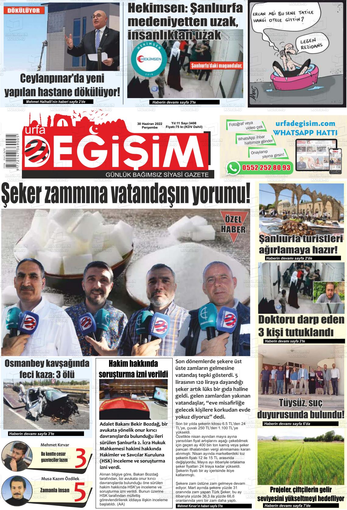 01 Temmuz 2022 Urfa Değişim Gazete Manşeti