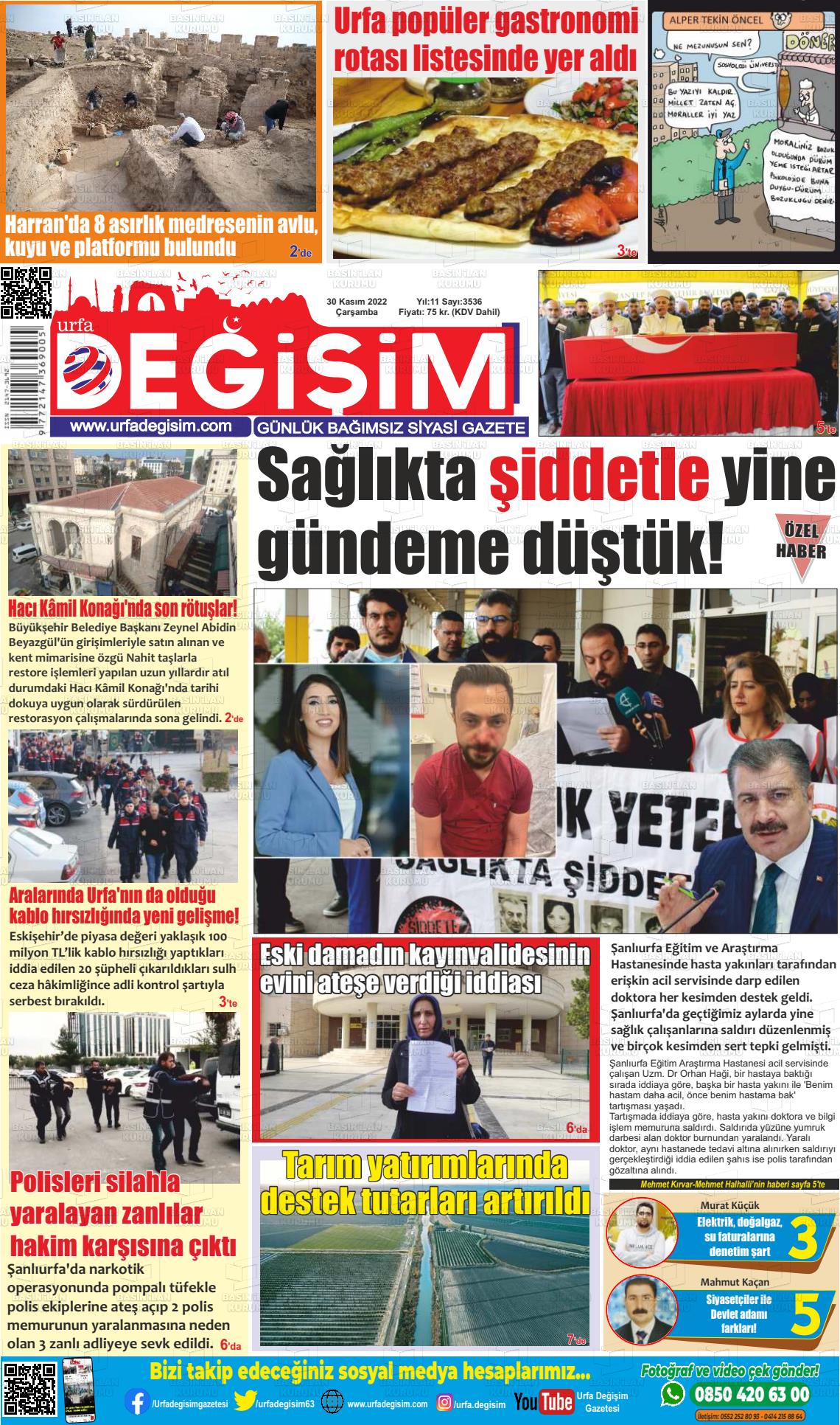 30 Kasım 2022 Urfa Değişim Gazete Manşeti