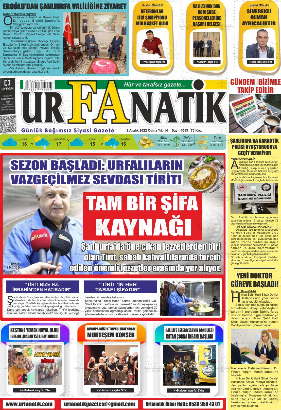 02 Aralık 2022 Urfanatik Gazete Manşeti