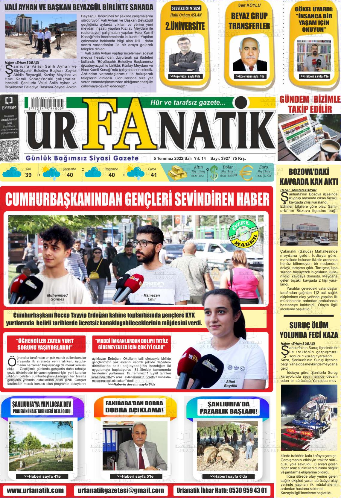 05 Temmuz 2022 Urfanatik Gazete Manşeti