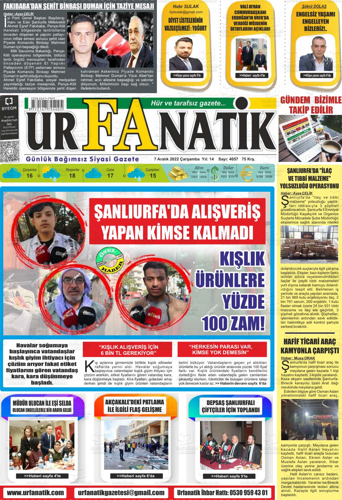 07 Aralık 2022 Urfanatik Gazete Manşeti