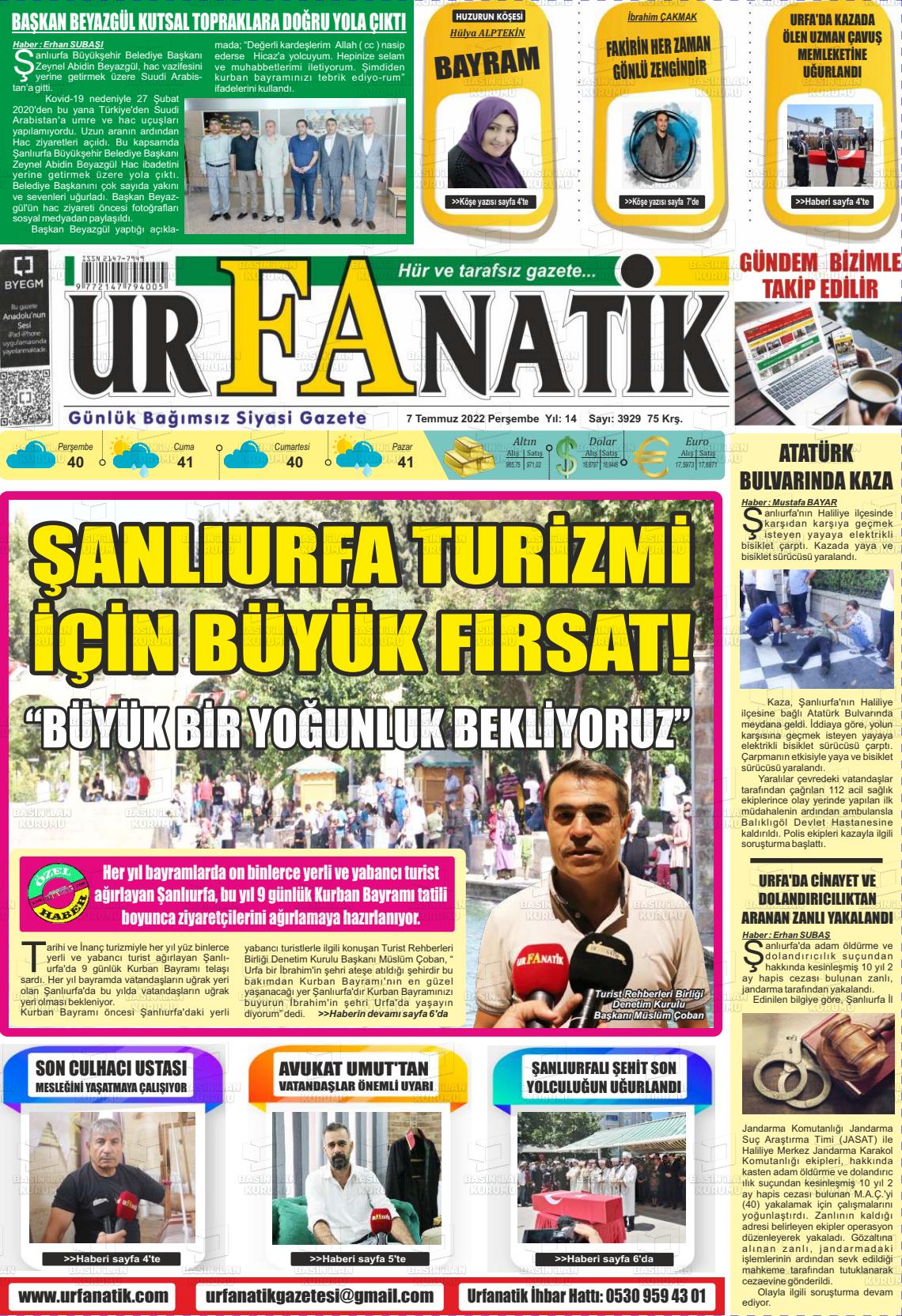 07 Temmuz 2022 Urfanatik Gazete Manşeti