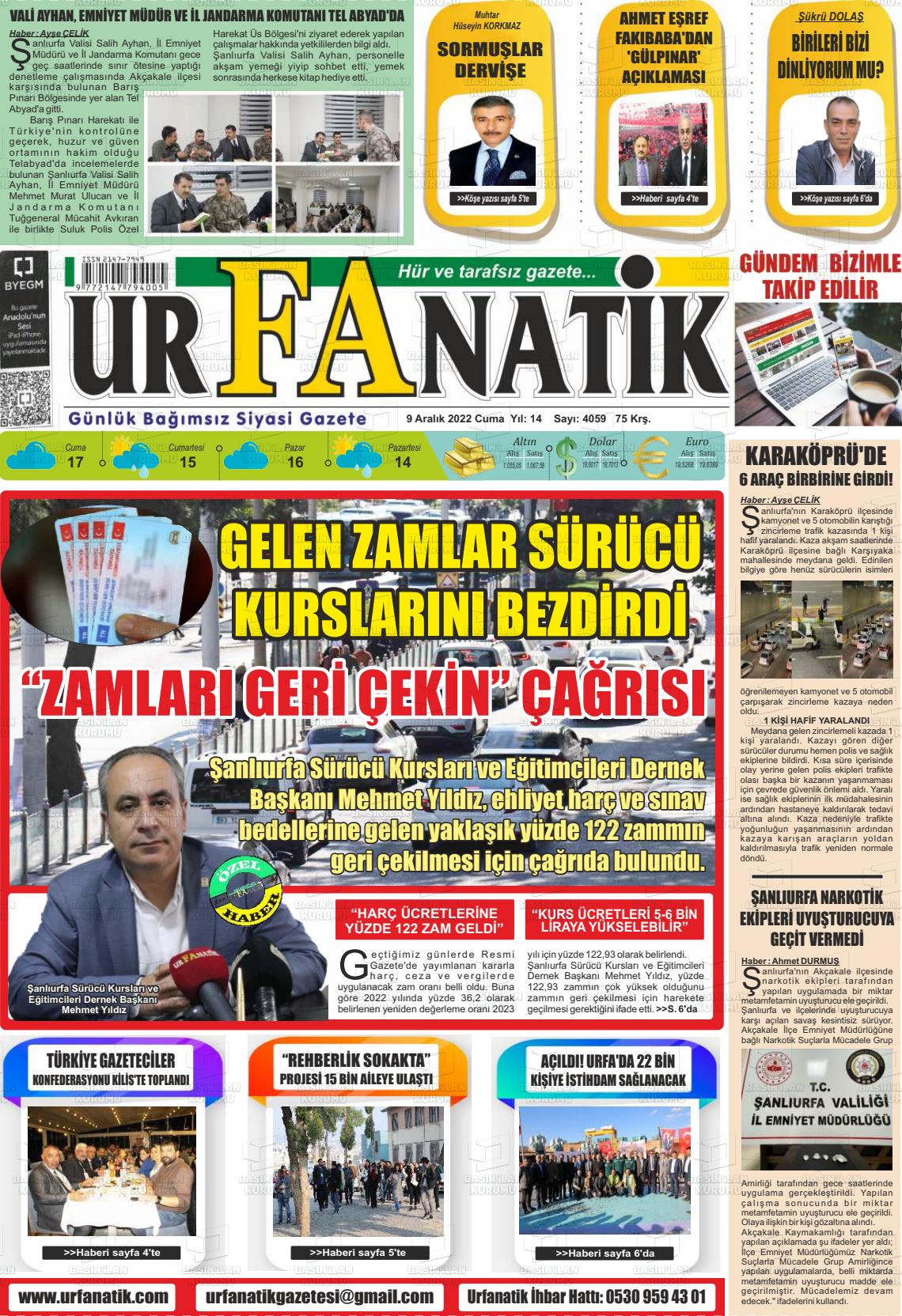 09 Aralık 2022 Urfanatik Gazete Manşeti