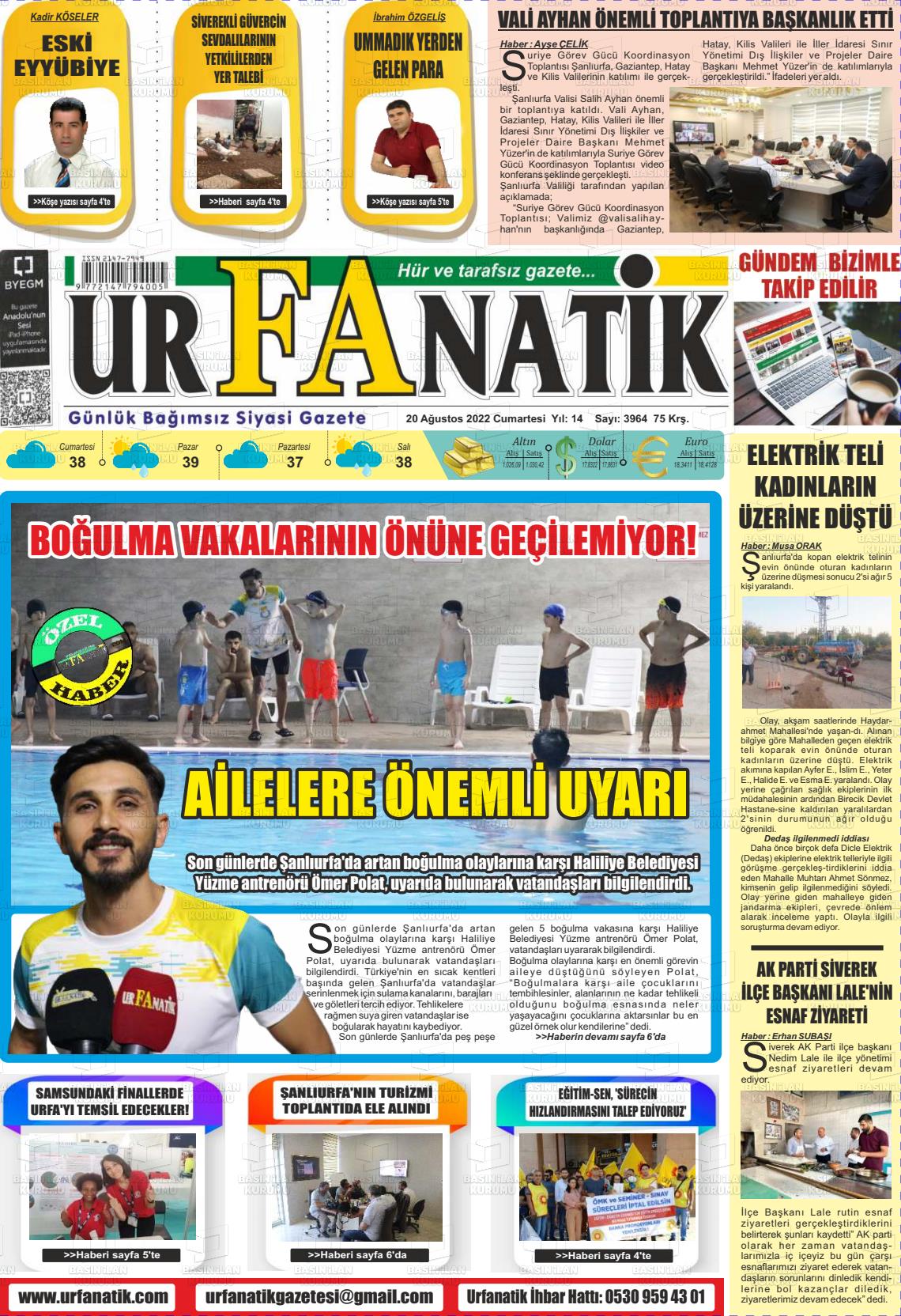 20 Ağustos 2022 Urfanatik Gazete Manşeti