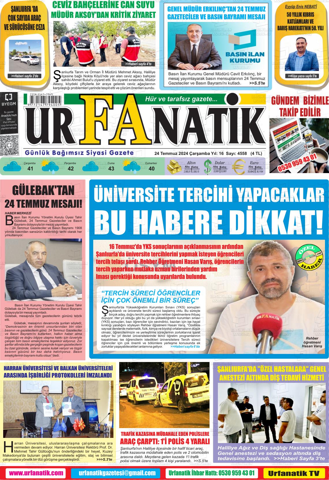 24 Temmuz 2024 Urfanatik Gazete Manşeti