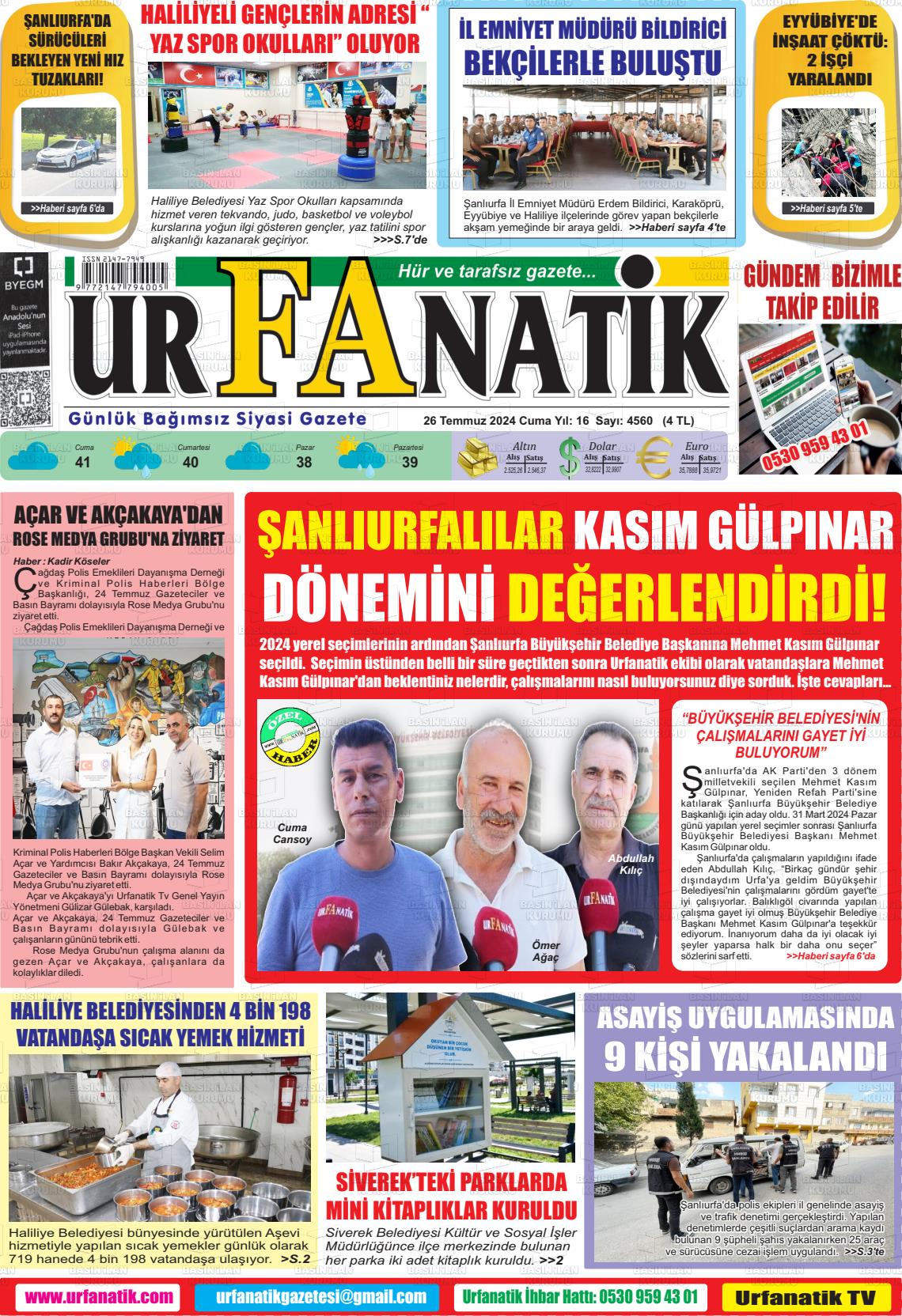26 Temmuz 2024 Urfanatik Gazete Manşeti