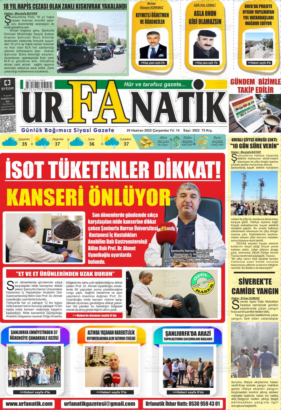 29 Haziran 2022 Urfanatik Gazete Manşeti