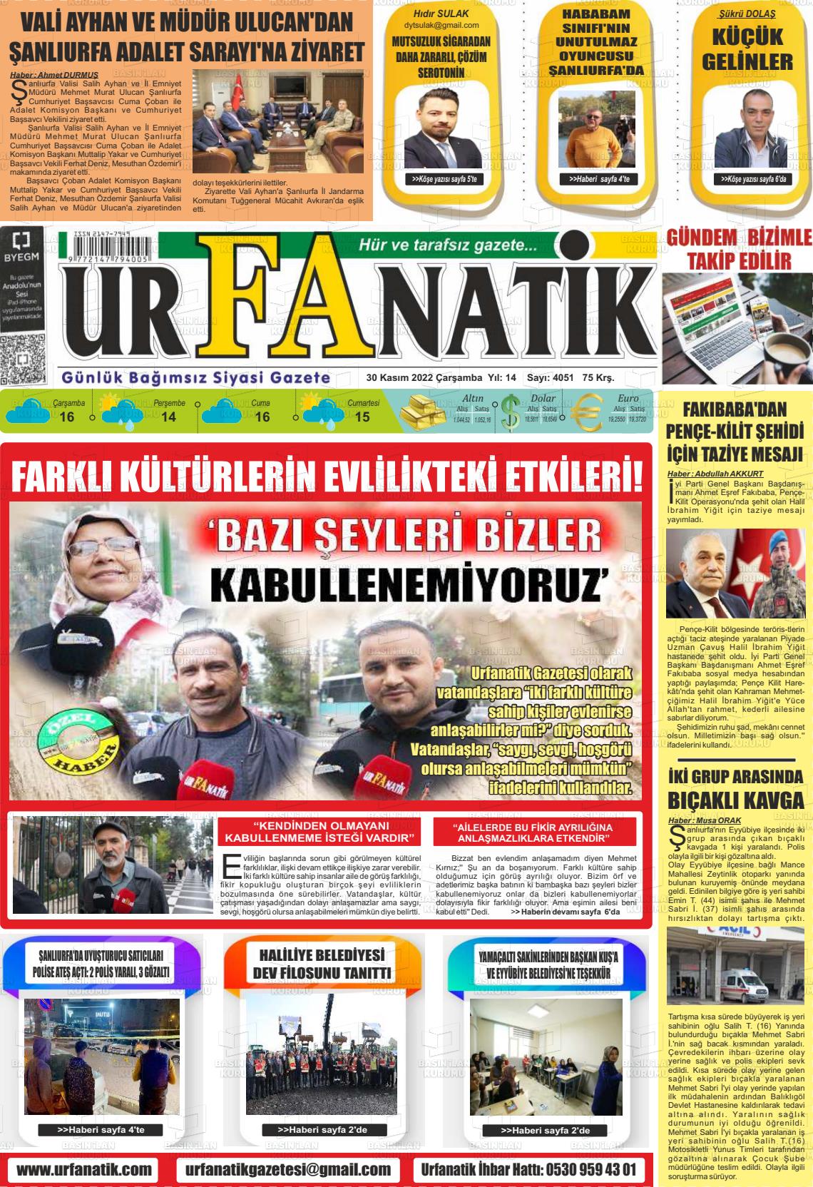 30 Kasım 2022 Urfanatik Gazete Manşeti