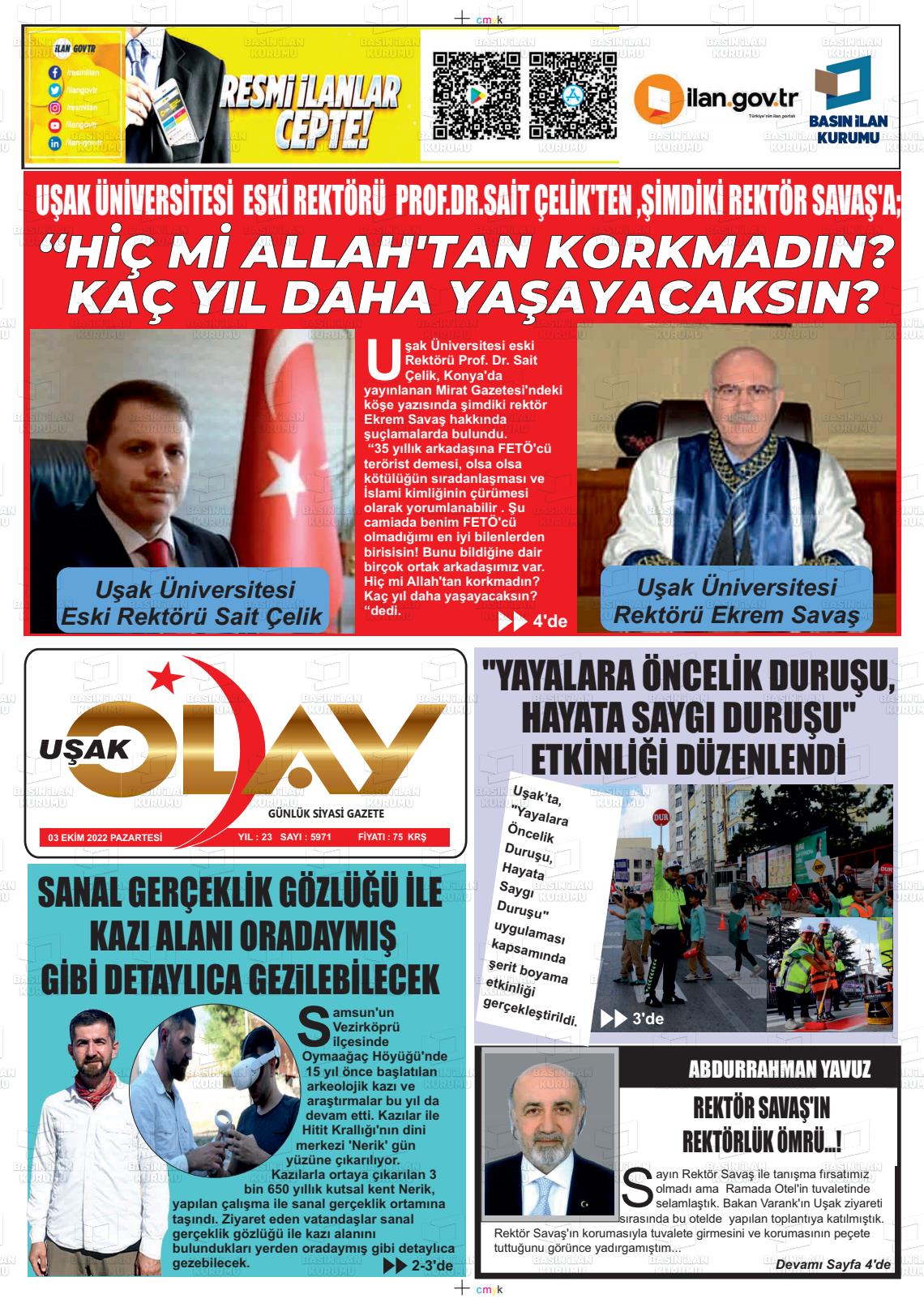 03 Ekim 2022 Uşak Olay Gazete Manşeti