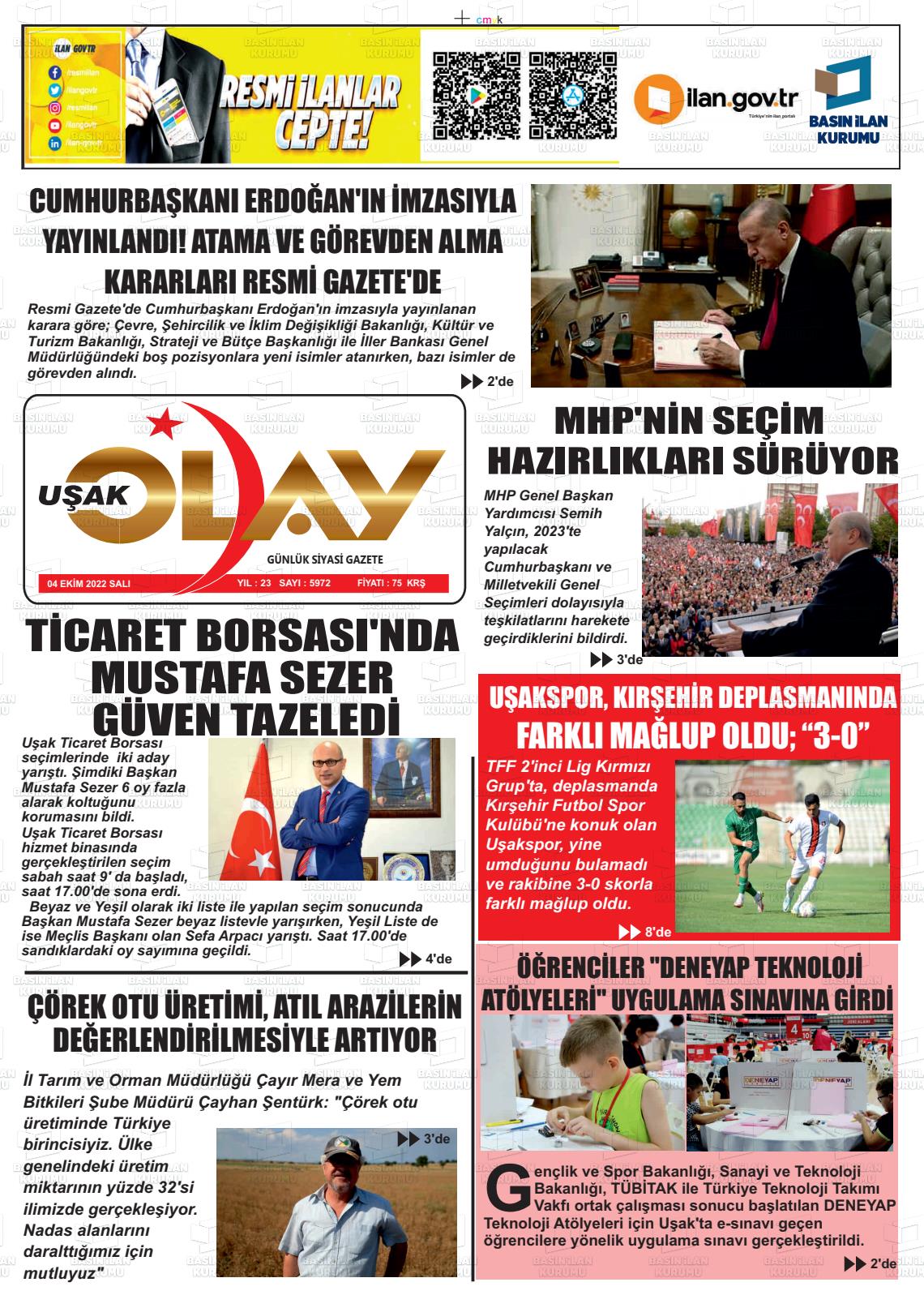 04 Ekim 2022 Uşak Olay Gazete Manşeti