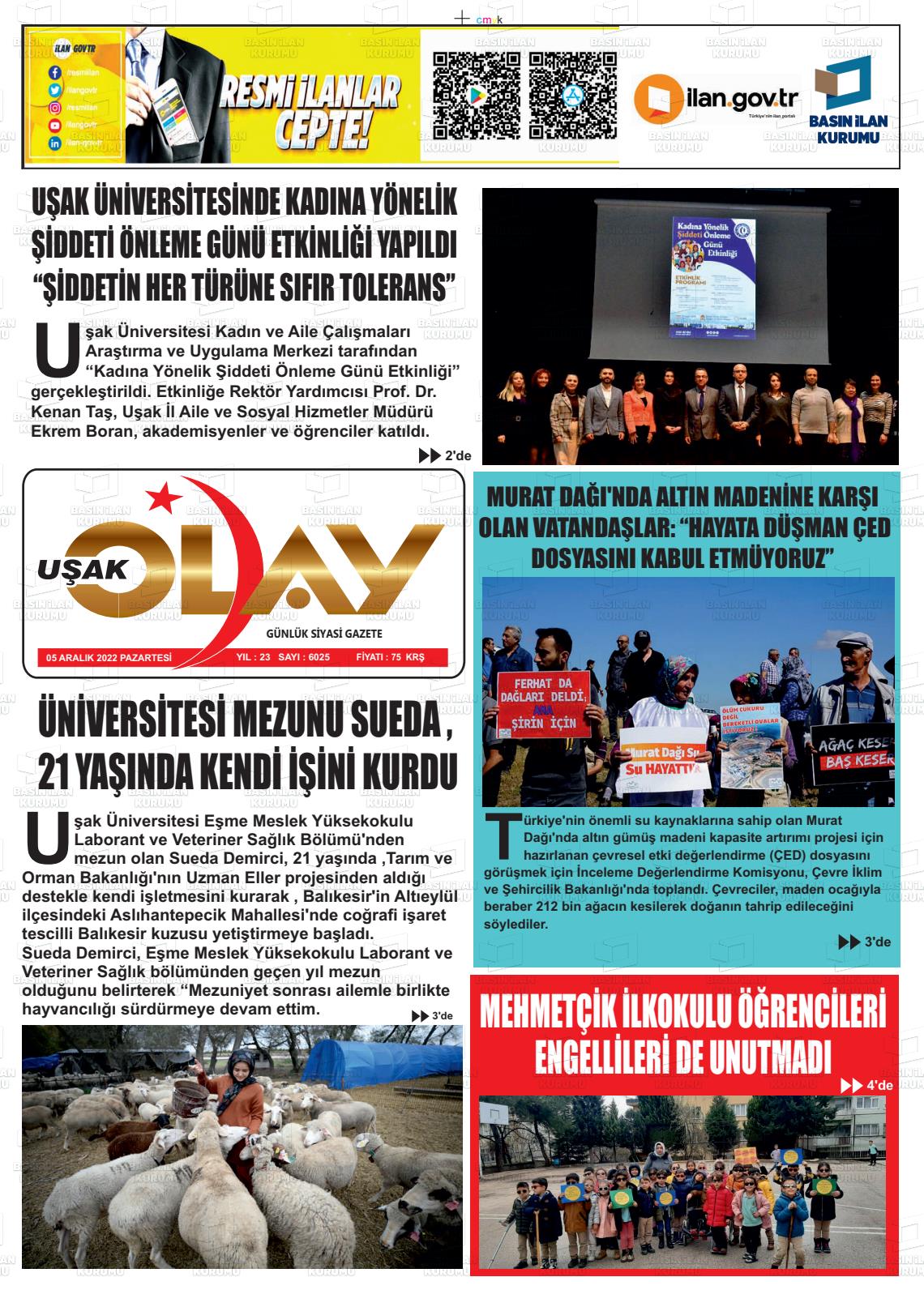 05 Aralık 2022 Uşak Olay Gazete Manşeti