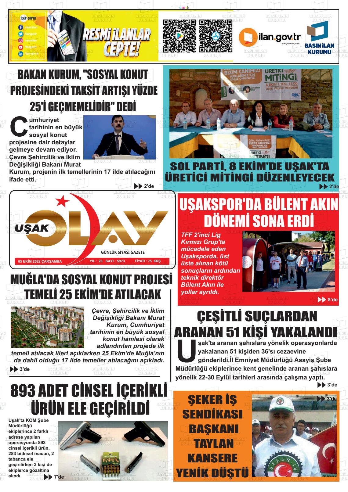 05 Ekim 2022 Uşak Olay Gazete Manşeti