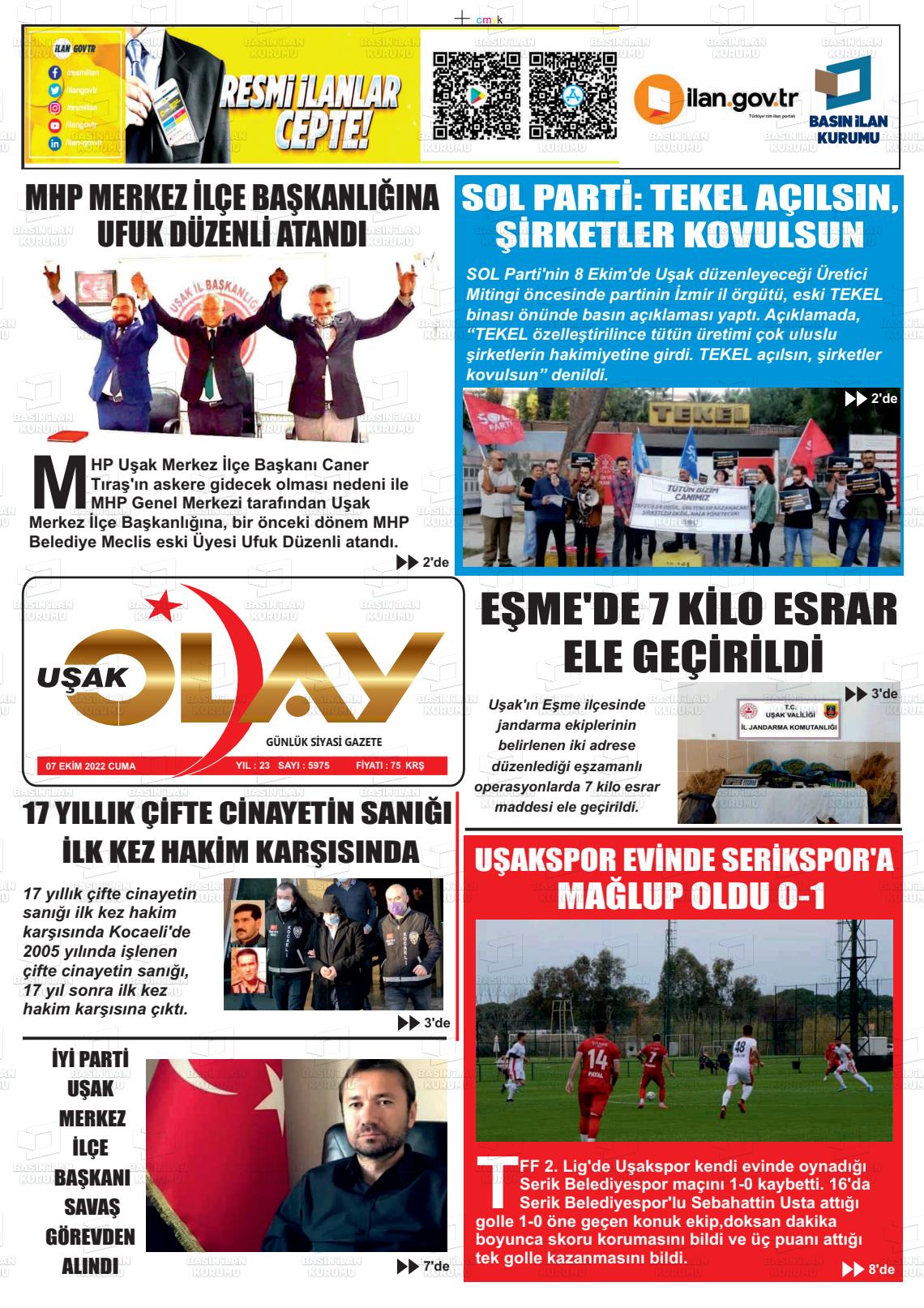 07 Ekim 2022 Uşak Olay Gazete Manşeti